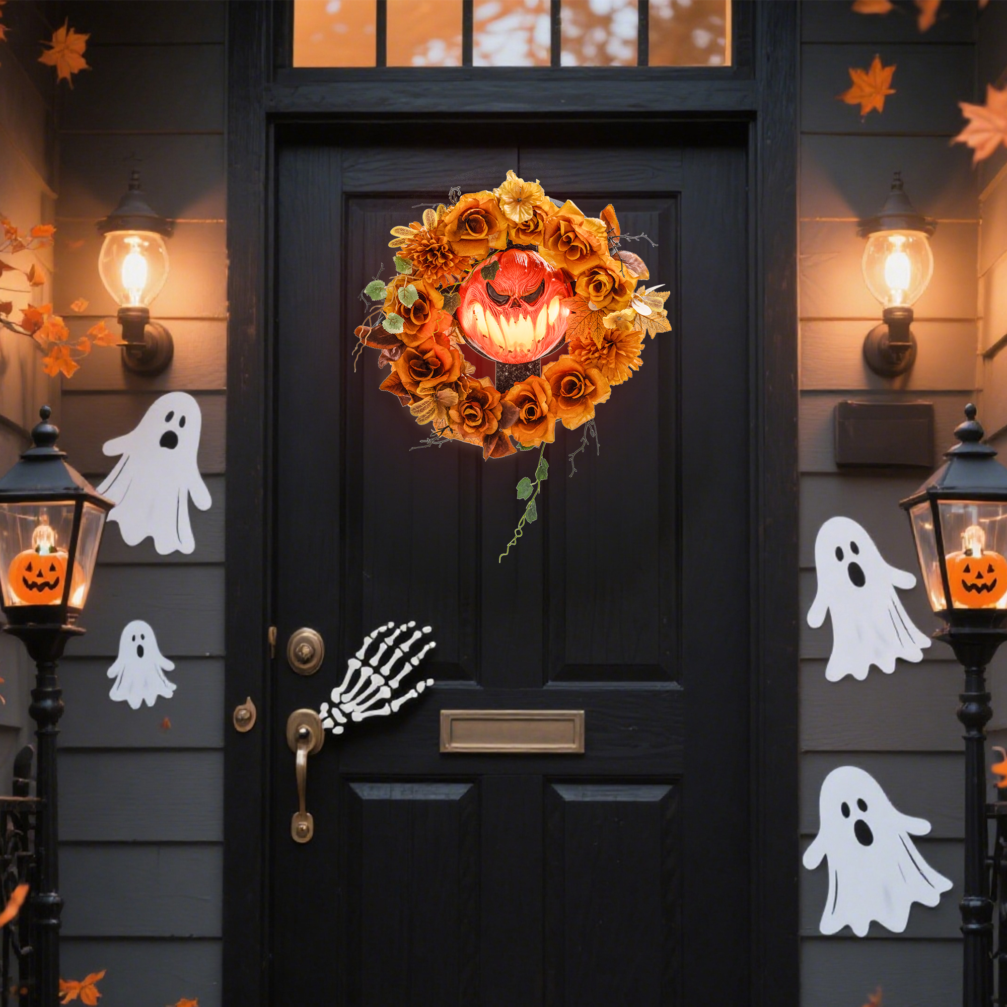 Halloween-Kranz, Grusel-Kürbis-Design, Herbstblätter, Lichteffekte, Kunststoff