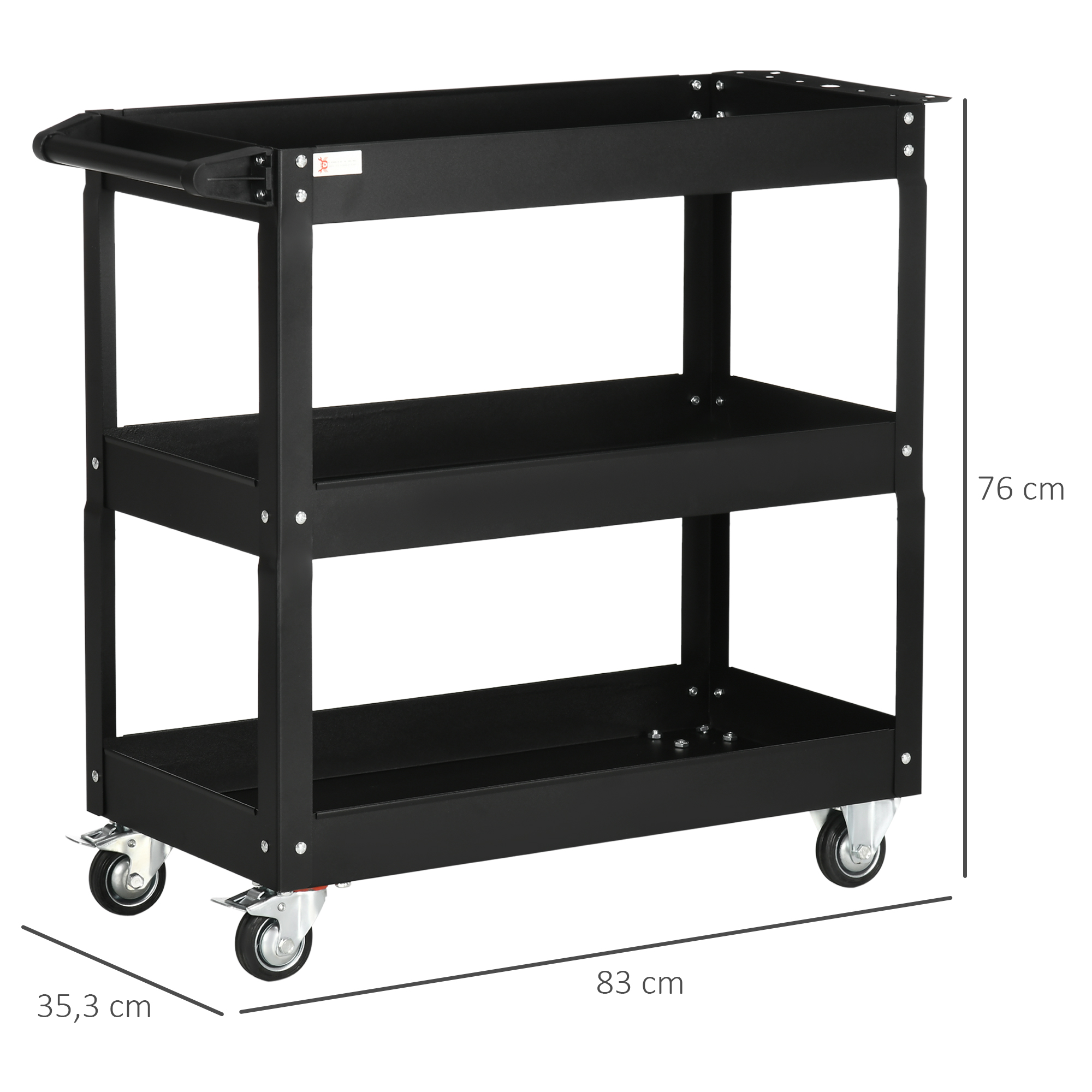 3-stufiger Werkzeugwagen, 4 Rollen, Stahl, 83B x 35,3T x 76H cm, Schwarz