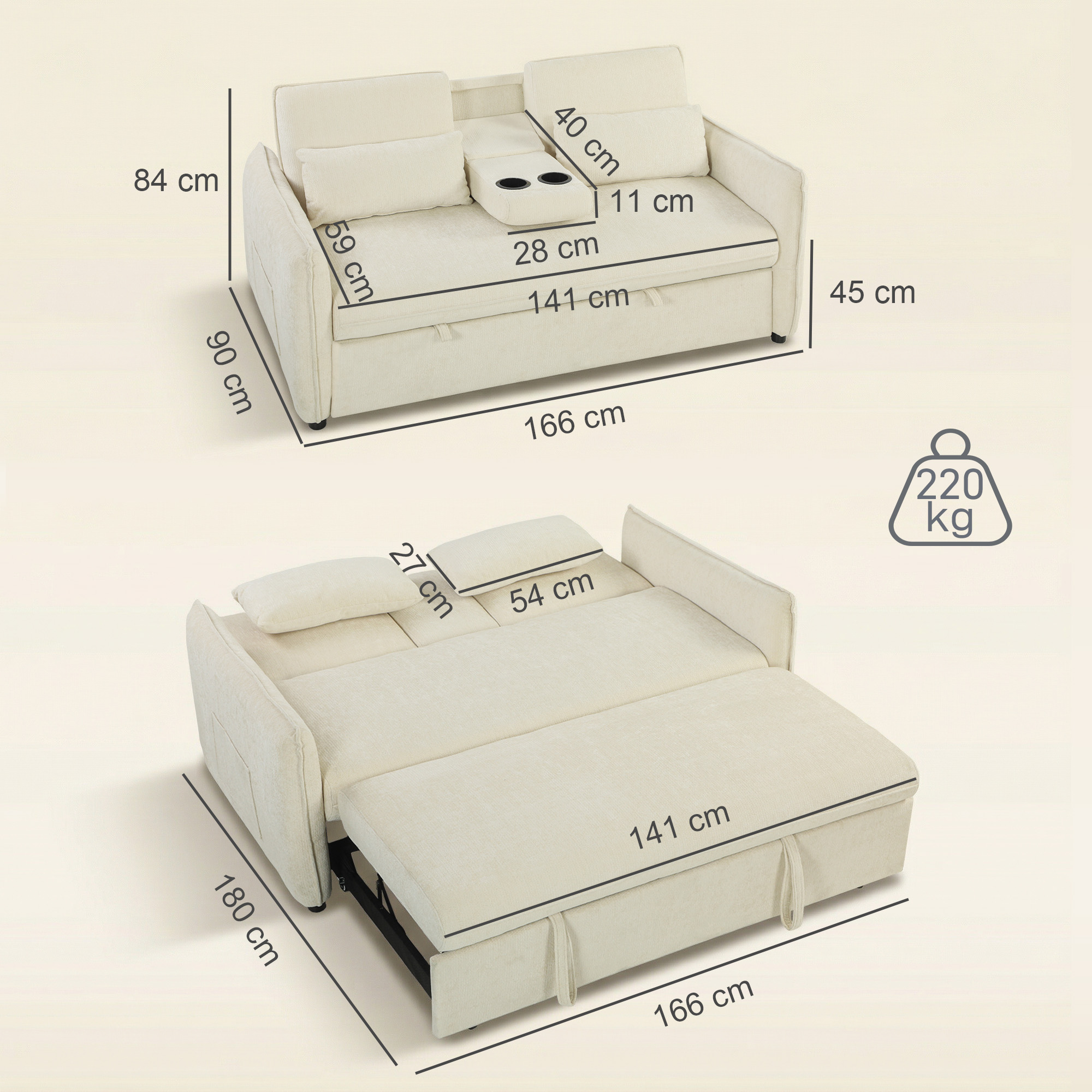 3-in-1 Verstellbares Schlafsofa, Zweisitzer mit Getränkehaltern, verstellbarer Rückenlehne und Seitentaschen, Beige