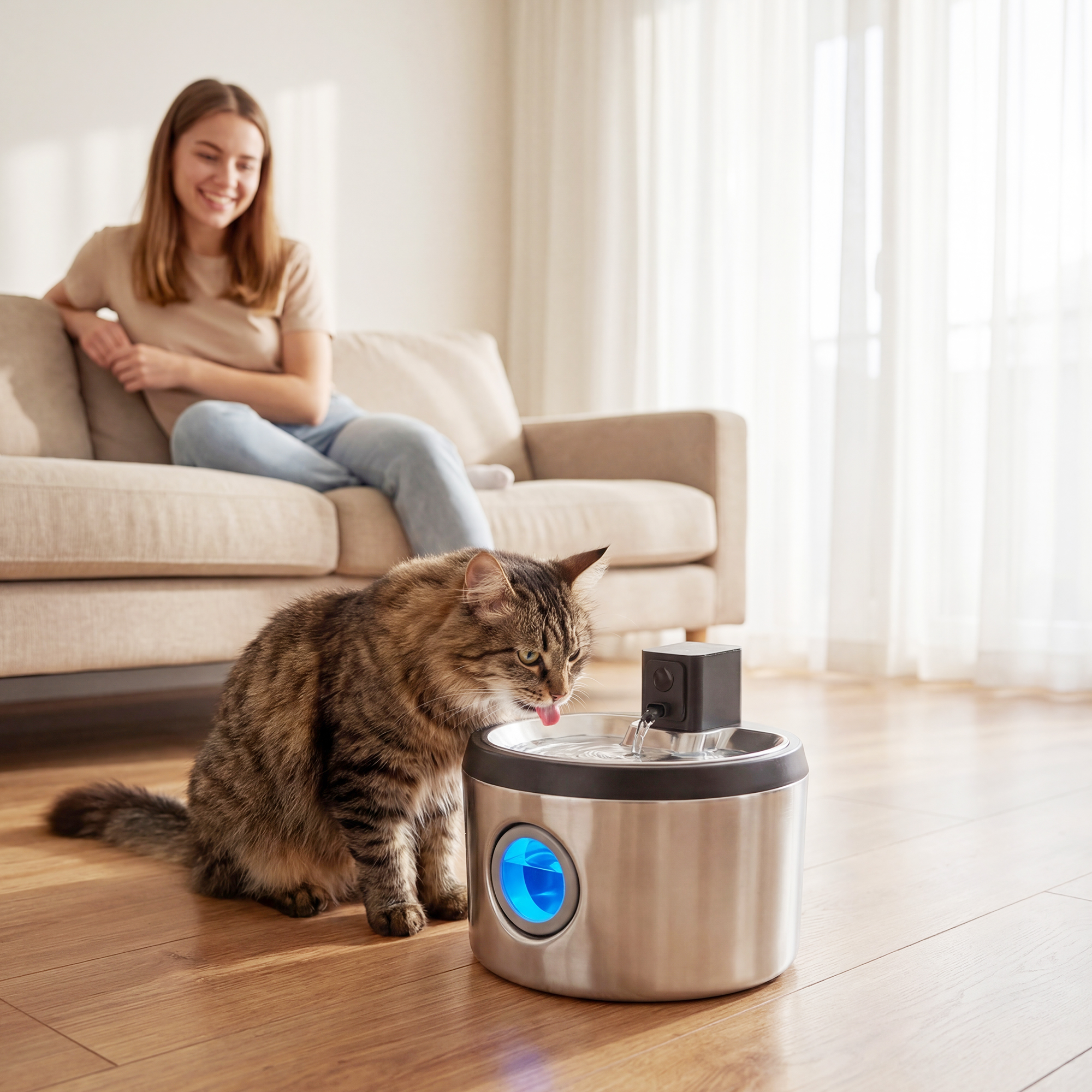 Katzenbrunnen 4l, kabellos, Edelstahl, Trinkbrunnen mit Bewegungsmelder 6 Filtern zweifaches Filtersystem LED Silber