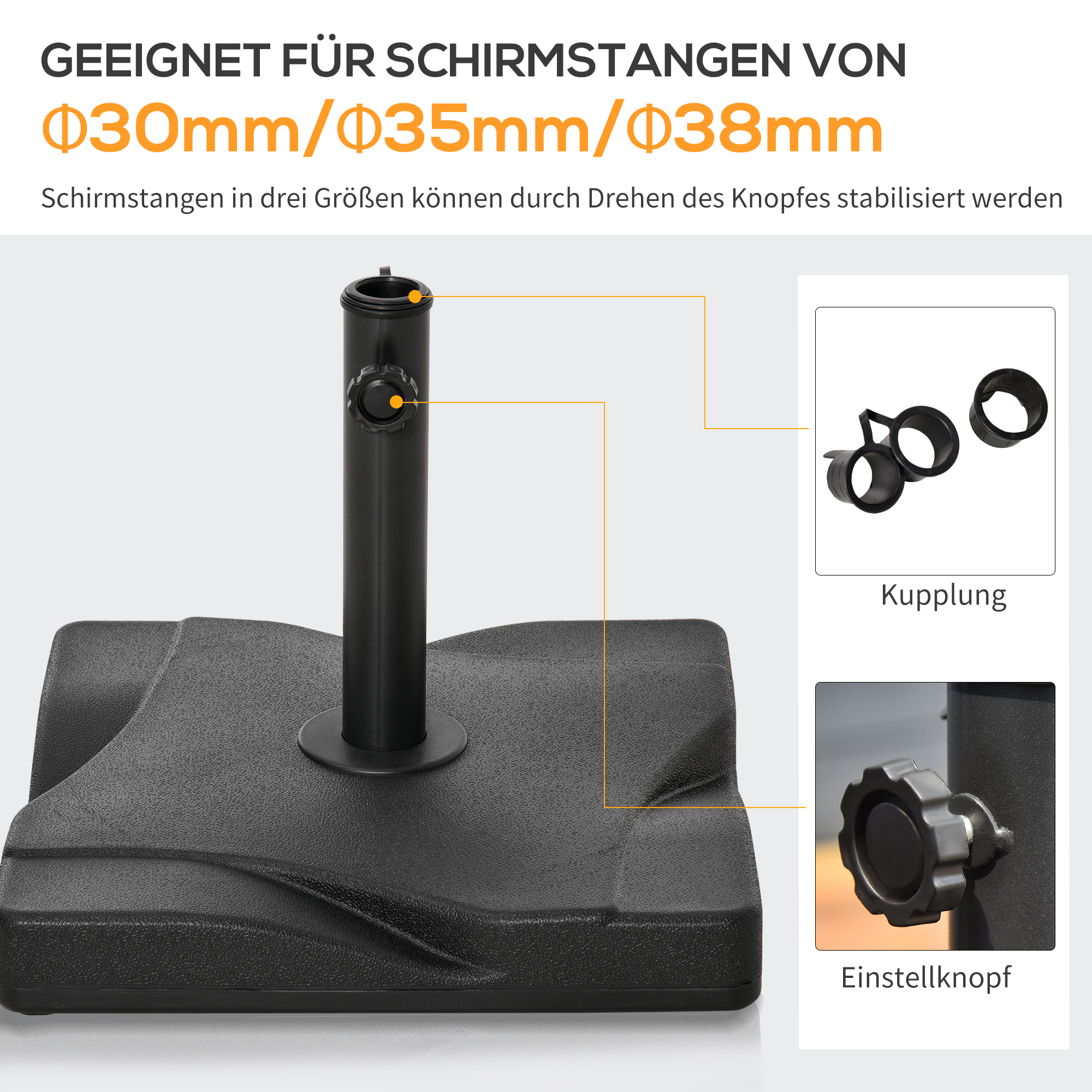 Sonnenschirmständer 20 kg Schirmständer für Sonnenschirm Schirmstangen 32/38/48 mm Sonnenschirmfuß für Garten Terrasse Balkon Zement 41,5 x 41,5 Schwarz