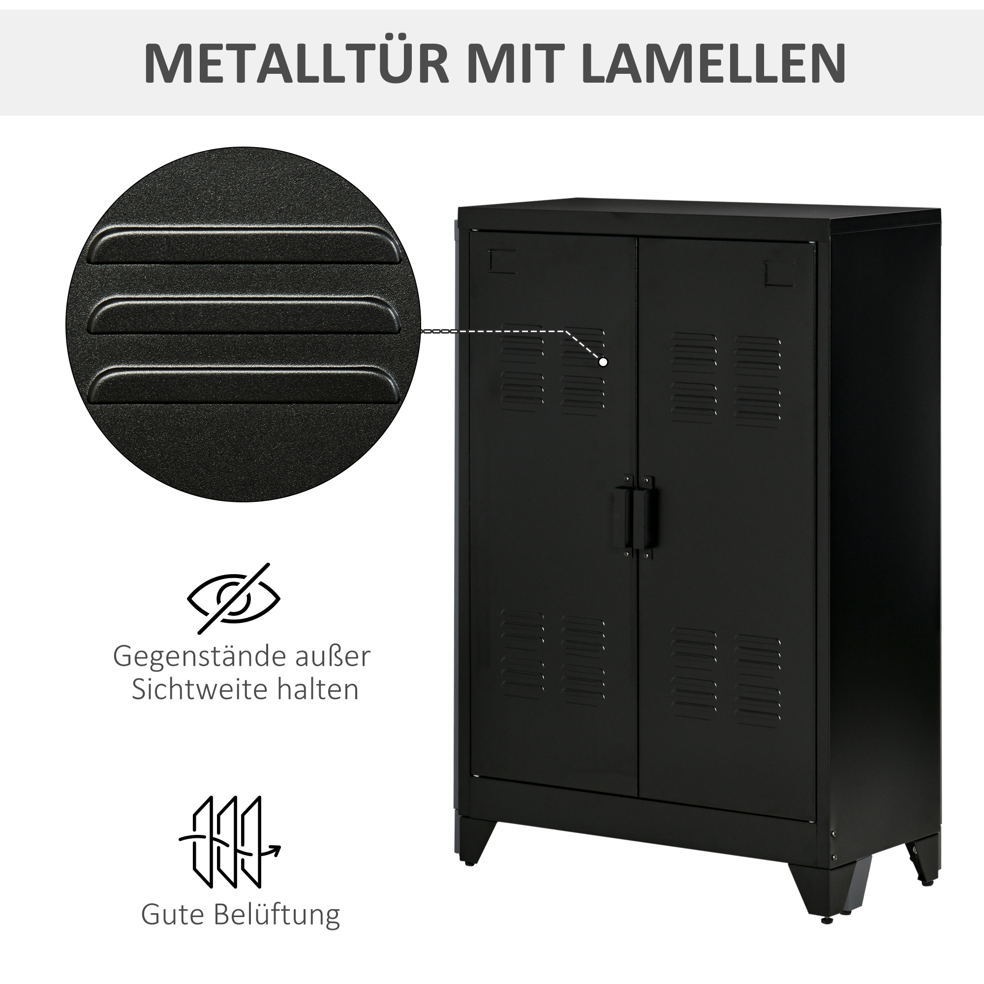 Aktenschrank Metallschrank Mehrzweckschrank mit magnetischer Lamellen-Doppeltür Verstellbarer Einlegeboden Büroschrank Aufbewahrungsschrank für Arbeitszimmer Wohnzimmer 75 x 33 x 110 cm Schwarz
