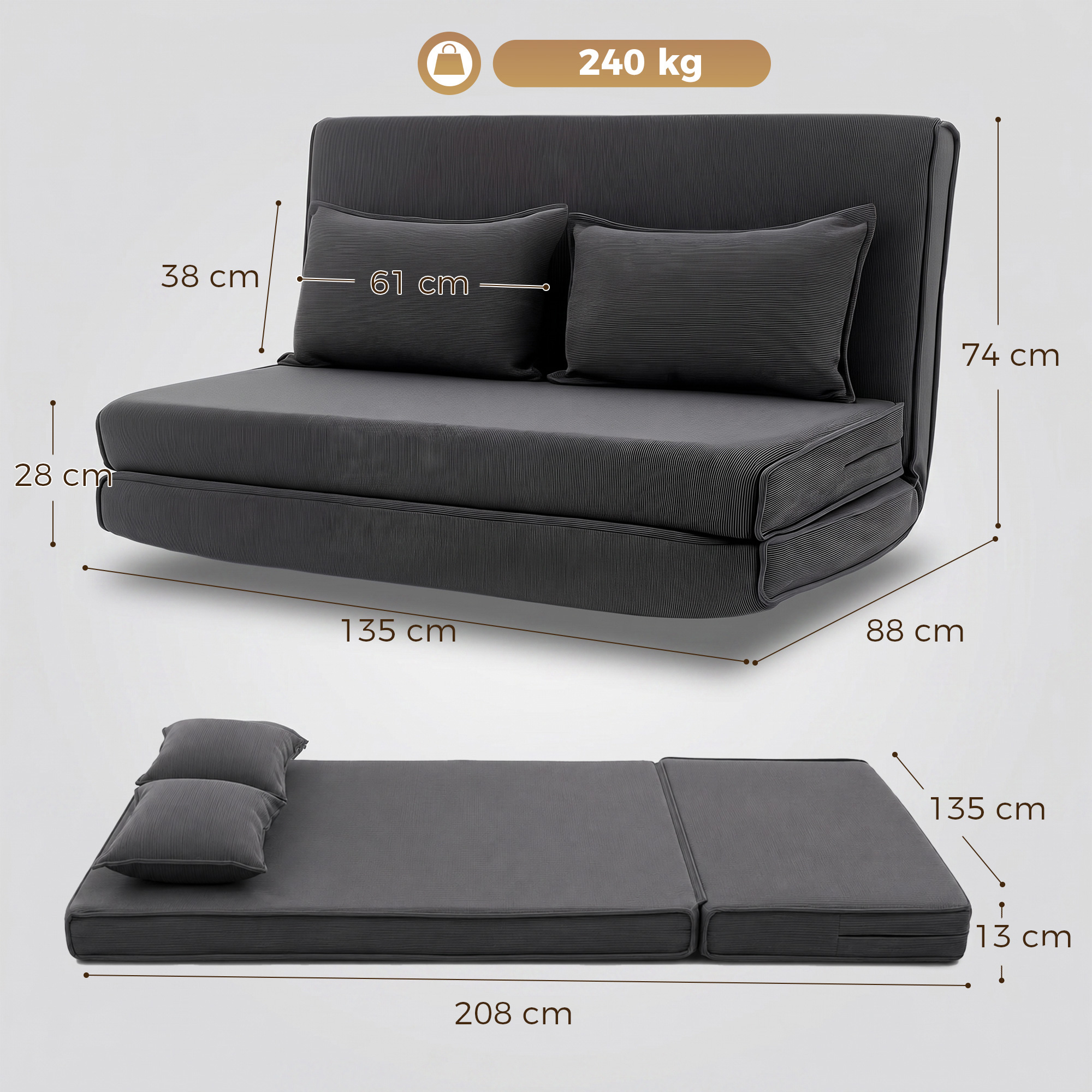 Bodenstuhl mit Rückenlehne, Cord-Klappsofa als Gästebett, Verstellbare Rückenlehne, Breiter Sitz, Dunkelgrau