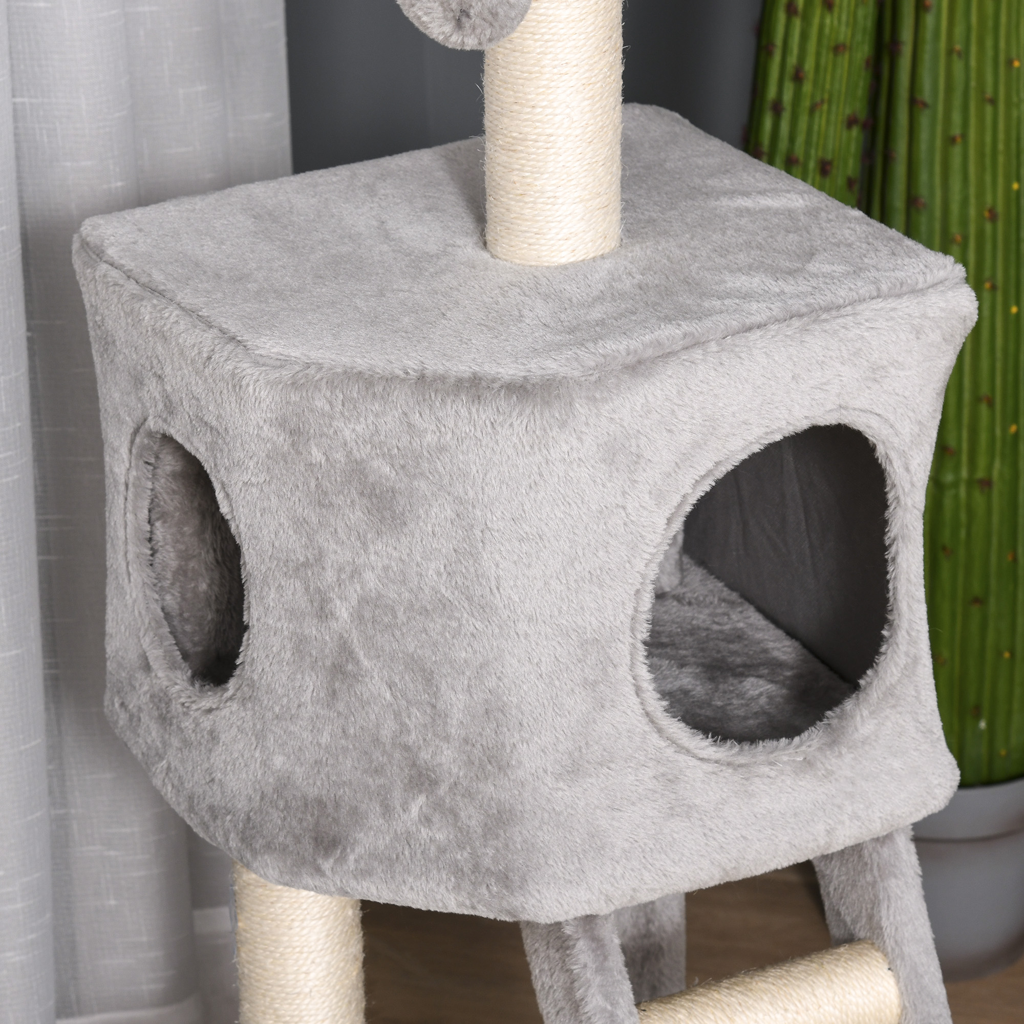 Kratzbaum 120 cm Katzenturm mit Höhle, Spielball, Sisalstämme,  Plattform, Treppe, mehrstöckiger Katzenkratzbaum, Kletterbaum für Katzen, Hellgrau