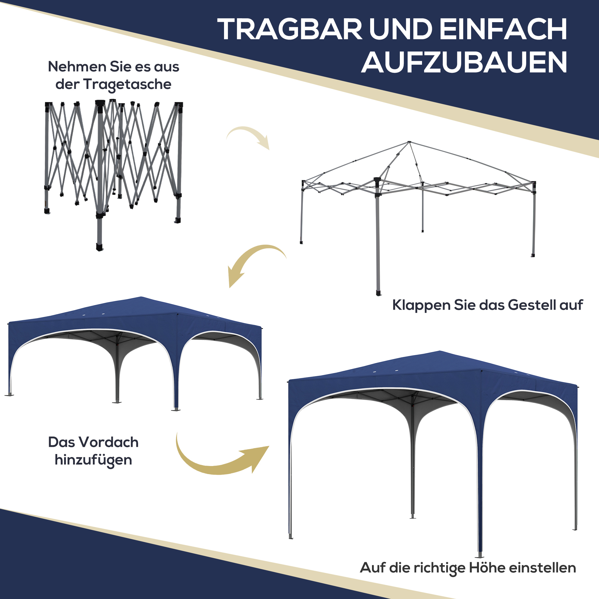Faltpavillon, höhenverstellbar, Metallstützen, robuste Plane, inkl. Tragetasche, 2,95 x 2,95 x 2,55m, Dunkelblau