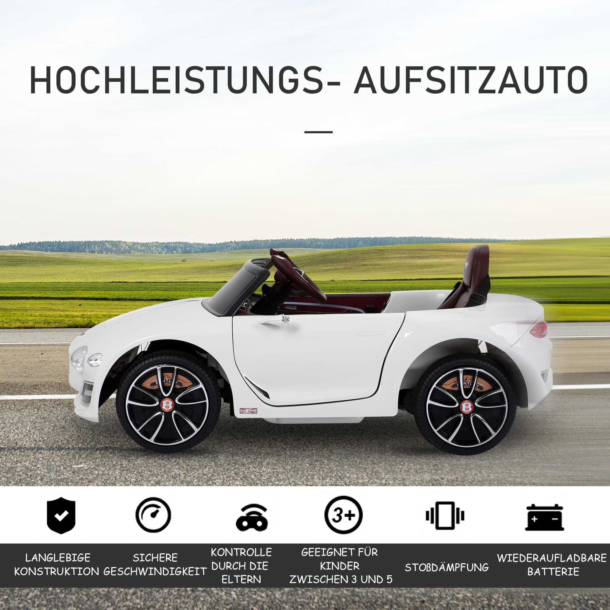 Kinderauto Bentley GT lizenzierte Kinderfahrzeug Elektroauto mit Fernbedienung 2 x 390 Motoren Kinder Weiß 108 x 60 x 43 cm