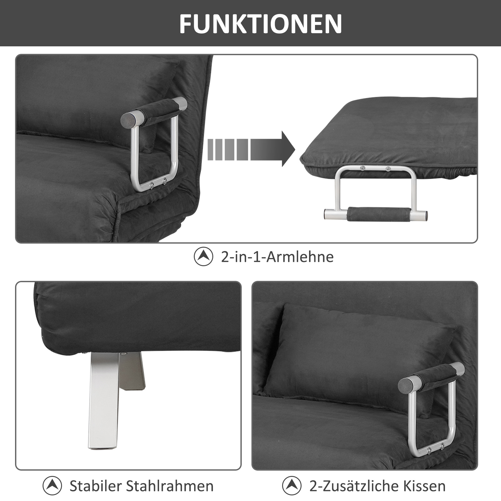 Schlafsofa Schlafcouch mit Verstellbarer Rückenlehne, Wurfkissen, Sofa mit Schlaffunktion, Samtoptik, Armlehne, Gästebett, Klappsessel für Wohnzimmer, Schlafzimmer, Grau