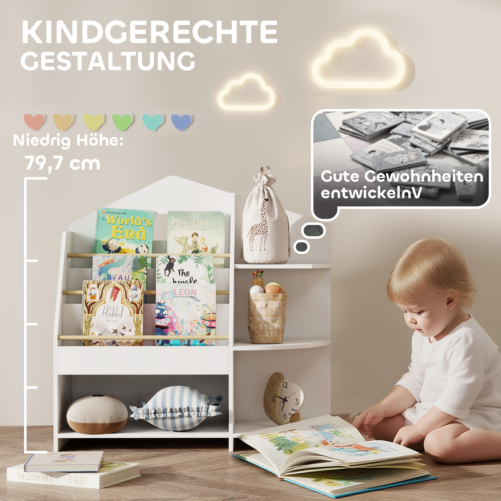 Kinderregal mit 7 Regalen für Bücher, Spielzeug, runde Kanten, trägt 40 kg, Weiß