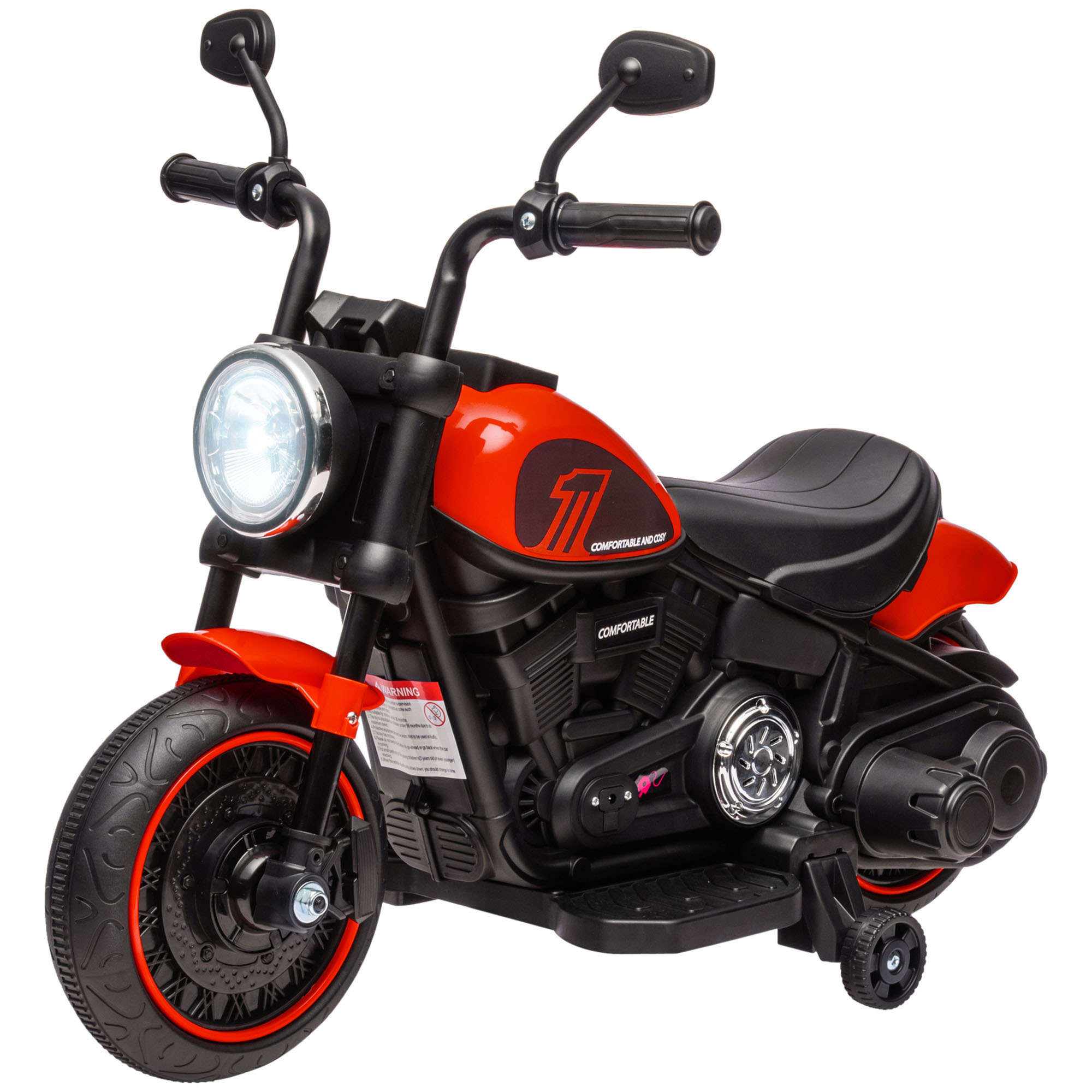 Elektro-Kindermotorrad mit Scheinwerfer, abnehmbare Stützräder, 76x42x57 cm, Rot/Schwarz