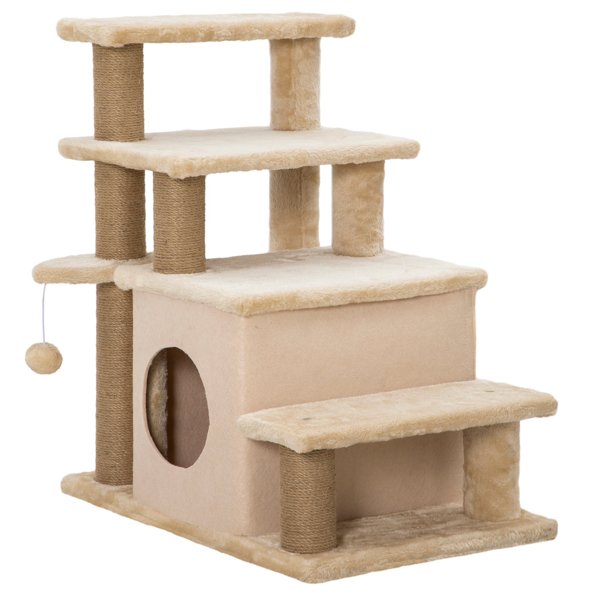 Haustiertreppe, Kratzbaum, 4 Stufen, Spielball, Häuschen, höhenverstellbar, 60 x 40 x 66 cm, Beige Haustiertreppe, Kratzbaum, 4 Stufen, Spielball, Häuschen, höhenverstellbar, 60 x 40 x 66 cm, Beige