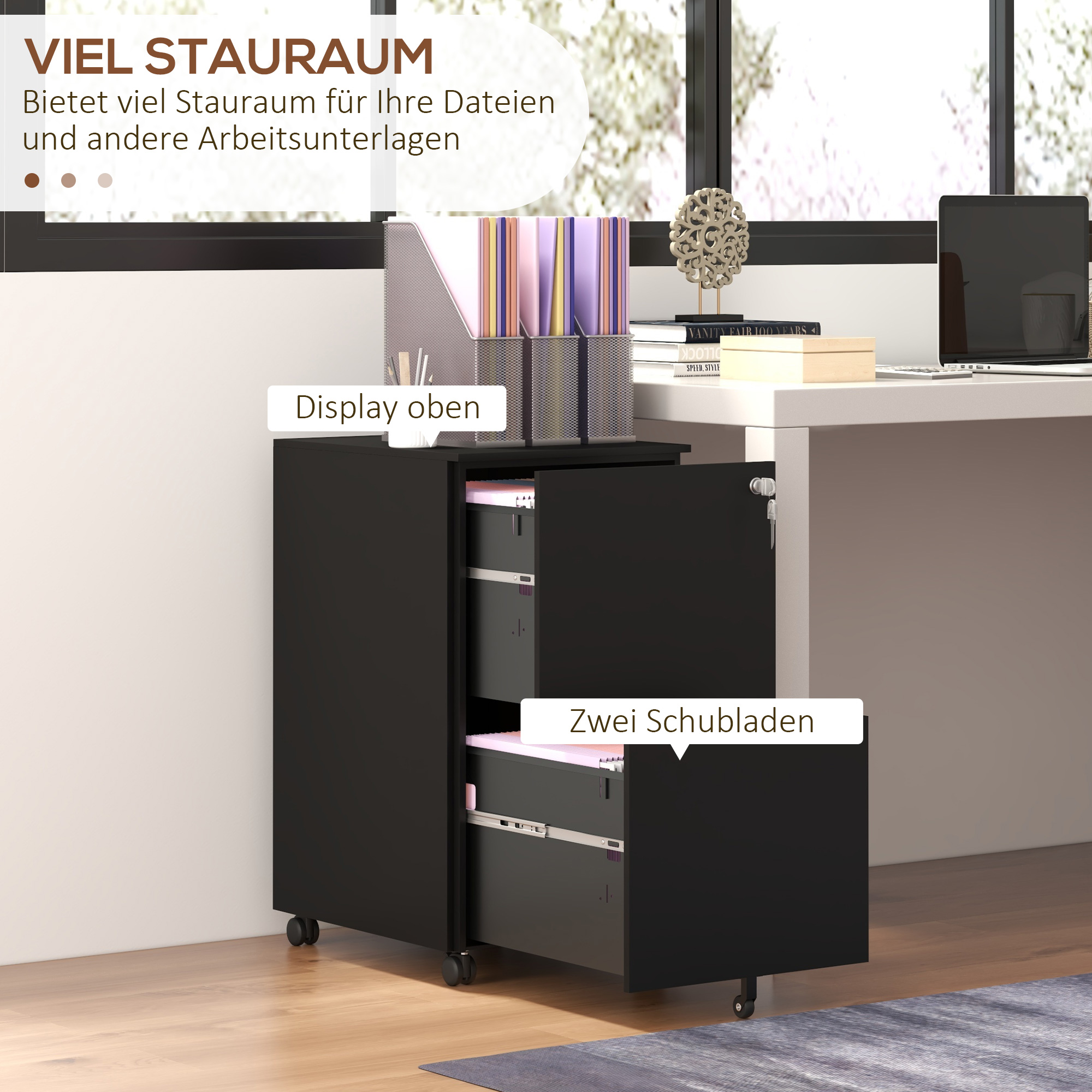 Rollcontainer Aktenschrank, 2 Schubladen, ab­schließ­bar, rollbar, 37 cm x 43,5 cm x 67,5 cm, Schwarz