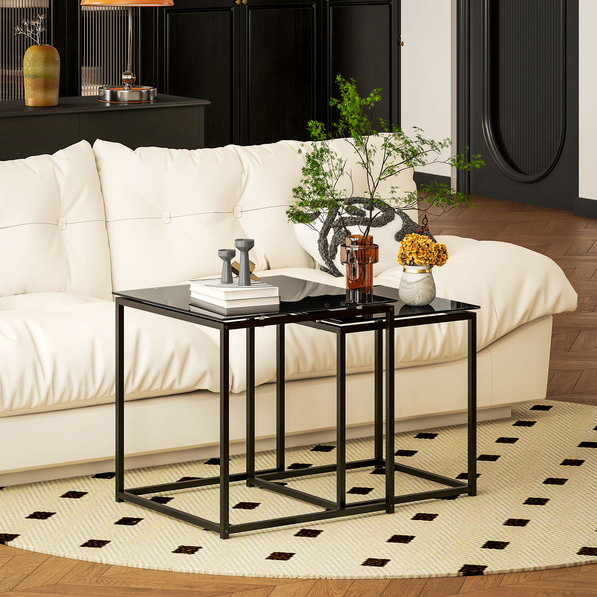 2er-Set Beistelltische, modernes Design, stapelbar, Glastisch, Schwarz