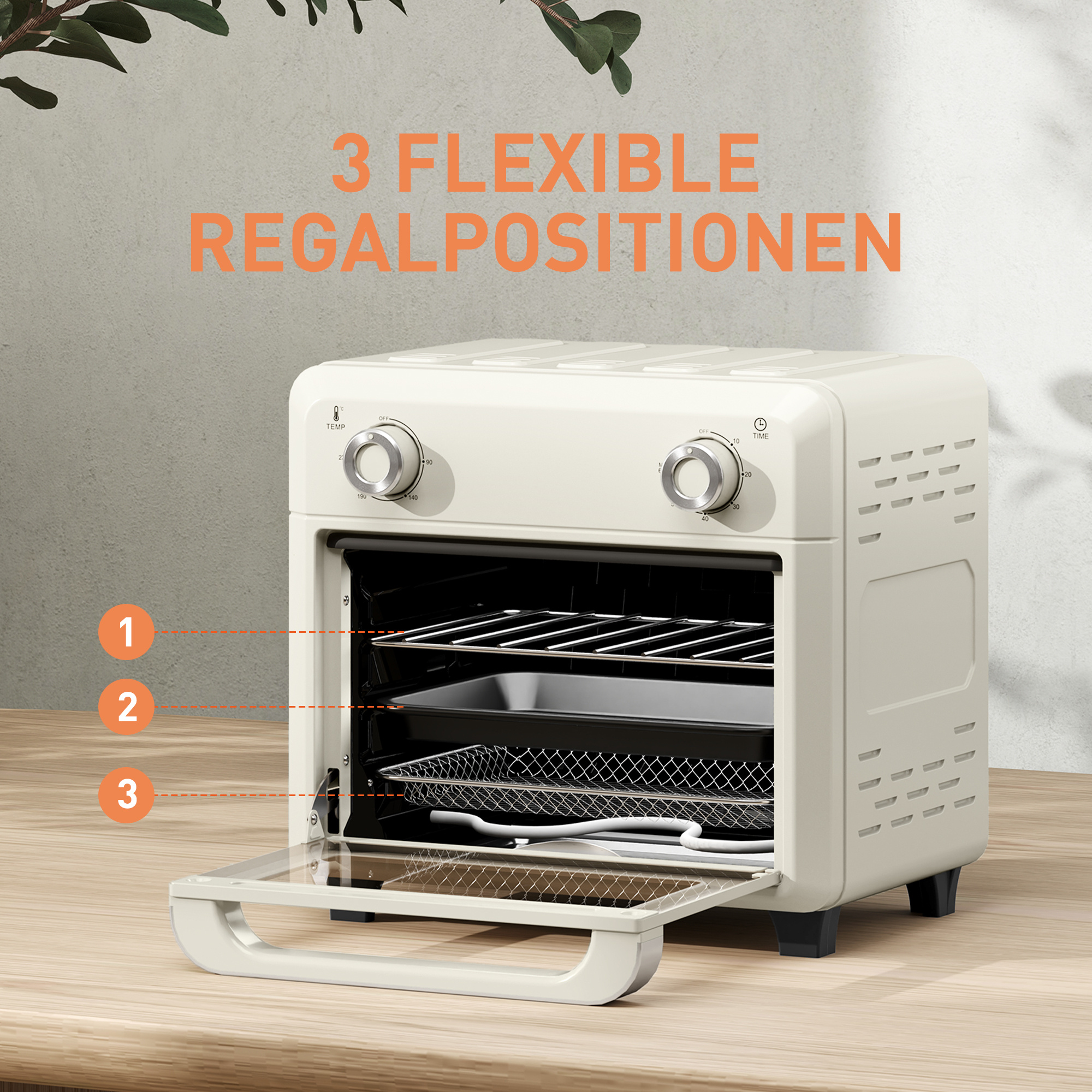 10L Heißluft-Ofen zum Grillen, Backen und Frittieren, Timer, 1000W, Spülmaschinenfest, Cremeweiß