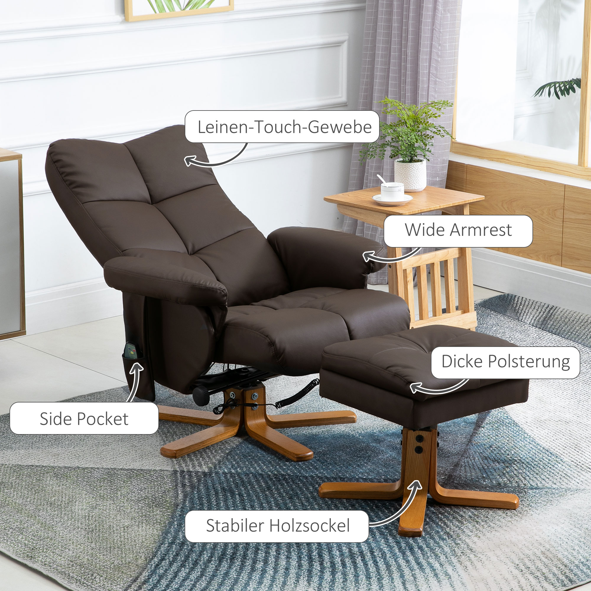 Relaxsessel mit Liegefunktion Massagesessel mit Fußhocker Fernsehsessel TV Sessel 145°-Neigung Liegesessel Ergonomischer Stuhl mit 10 Vibrationpunkte Kunstleder Braun 80 x 86 x 99 cm