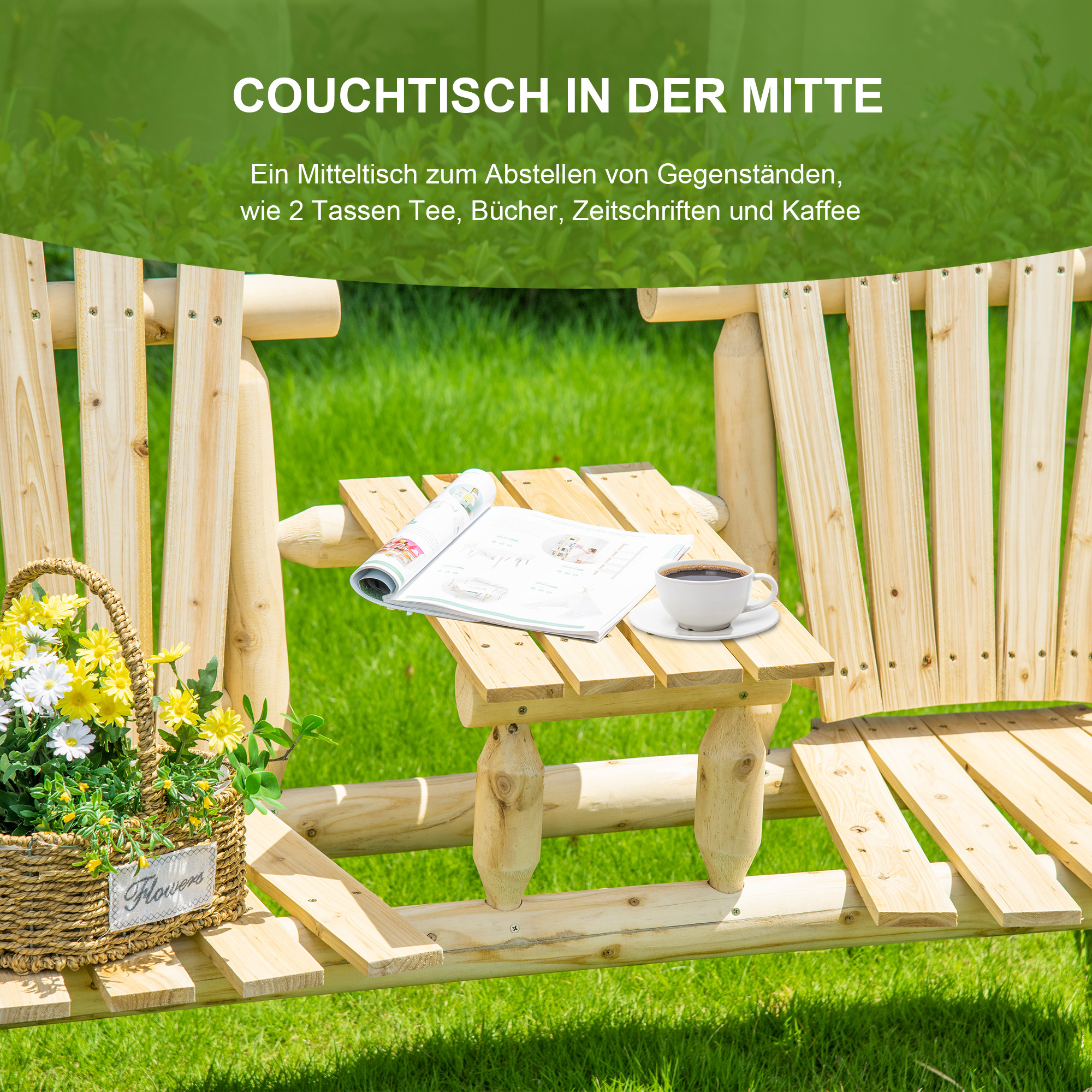 Gartenbank-Kombination für 2 Personen, integrierter Tisch, Naturholz, 157 x 88 x 103 cm