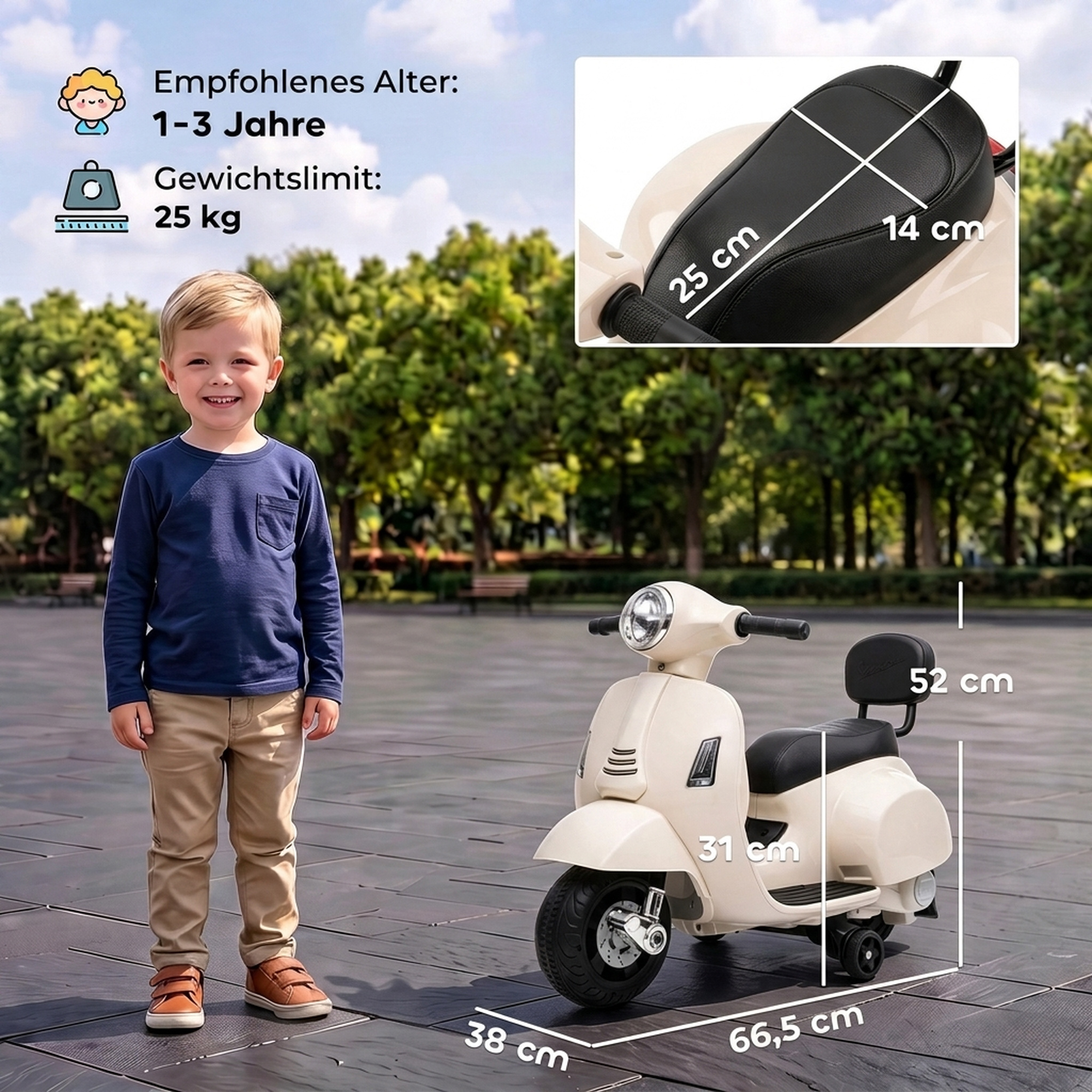 Elektro Motorrad Kinder Mini Vespa GTS 6V Elektromotorrad mit Lithium-Akku Ergonomischer Sitz Rückenlehne 1,5-3 Jahren