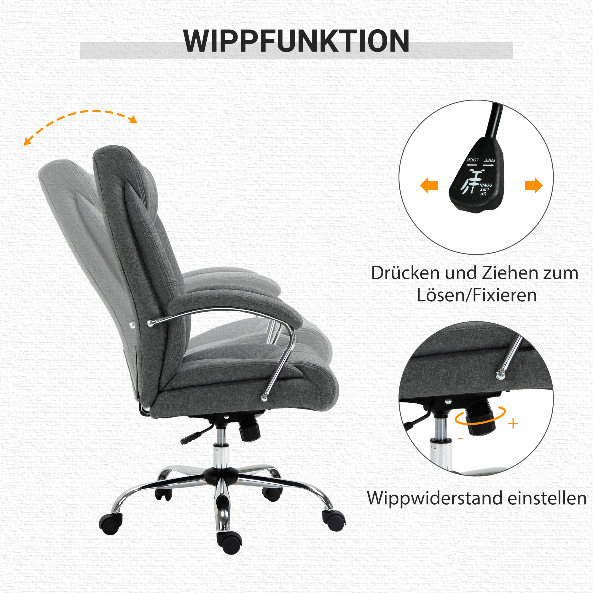 Bürostuhl mit Wippfunktion ergonomischer Stuhl mit gepolsterte Armlehne Kopfstütze höhenverstellbarer Schreibtischstuhl Drehstuhl mit Rückenlehne Nylon Grau 65 x 78 x 110-118 cm