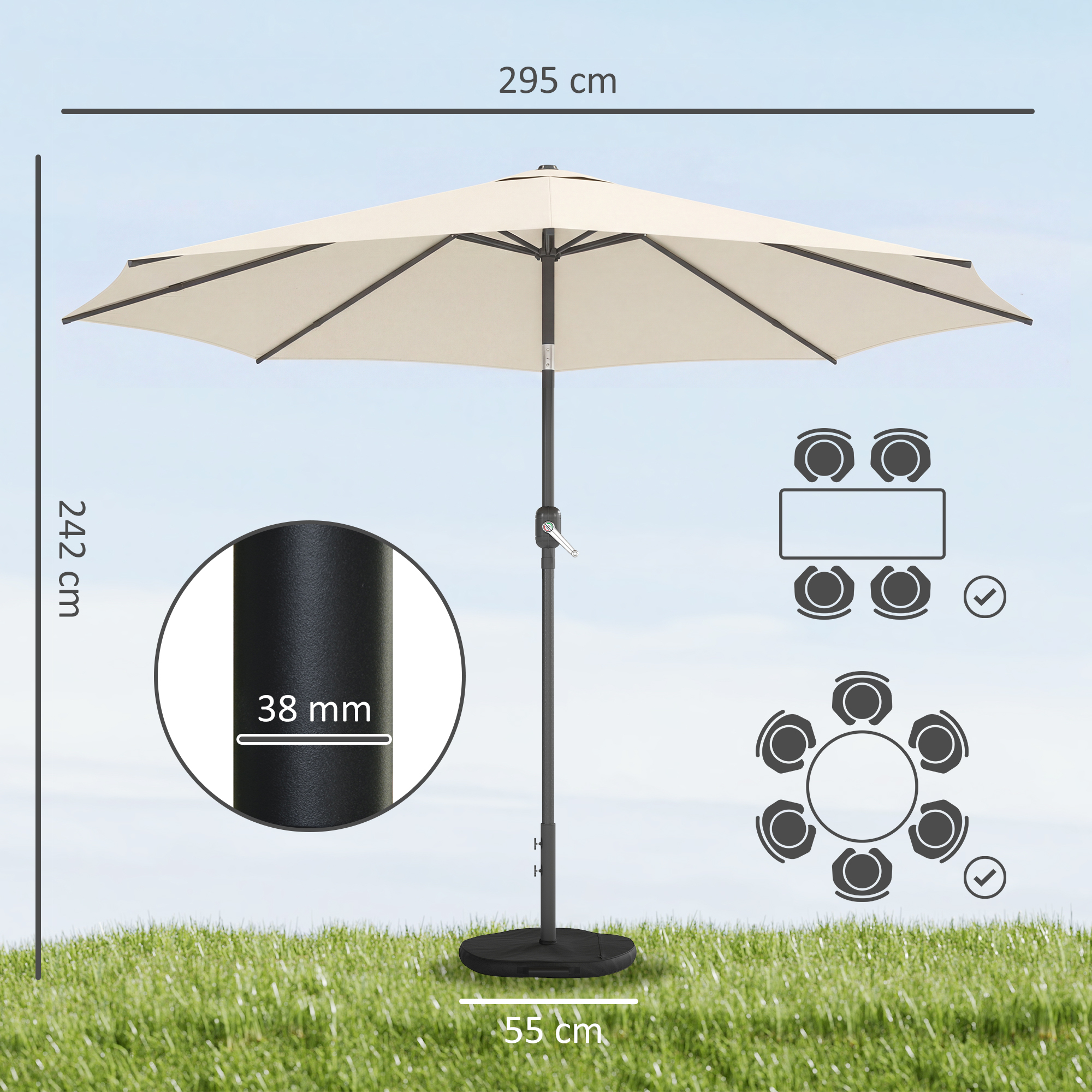 Sonnenschirm ca. Ø300 cm neigbar Balkonschirm mit Kurbel Kreuzfuß Sandsack, UV 30+ Einziehbar Cremeweiß