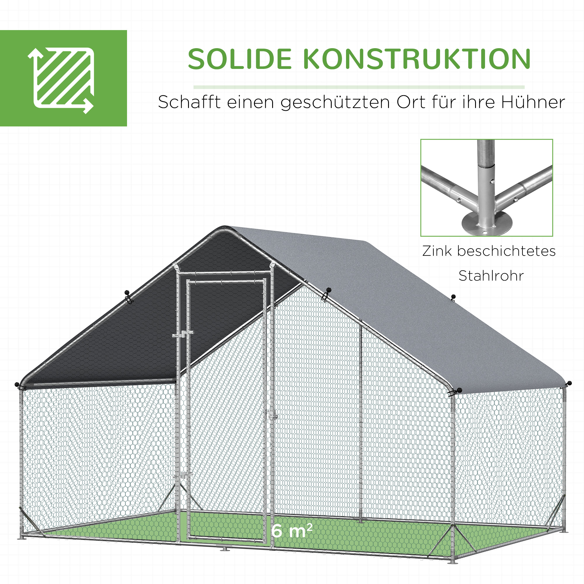 Hühnerstall, Freilaufgehege, Geflügelstall mit Schattendach, Freigehege für 4-6 Hühner, Enten Kaninchen, 3 x 2 x 2 m