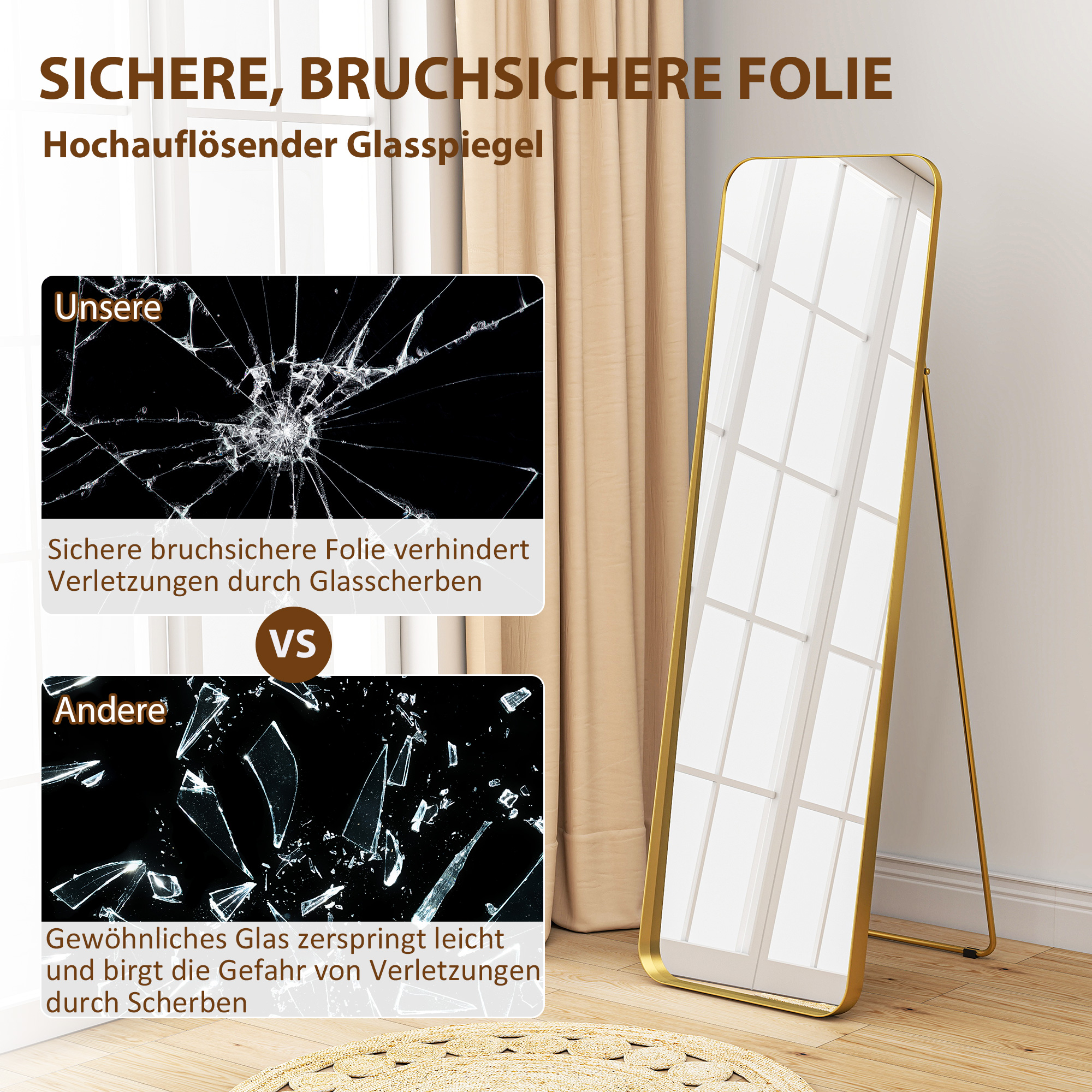 Ganzkörperspiegel, freistehend, neigbar, Metallrahmen, MDF, 160 x 50 cm, Goldfarben