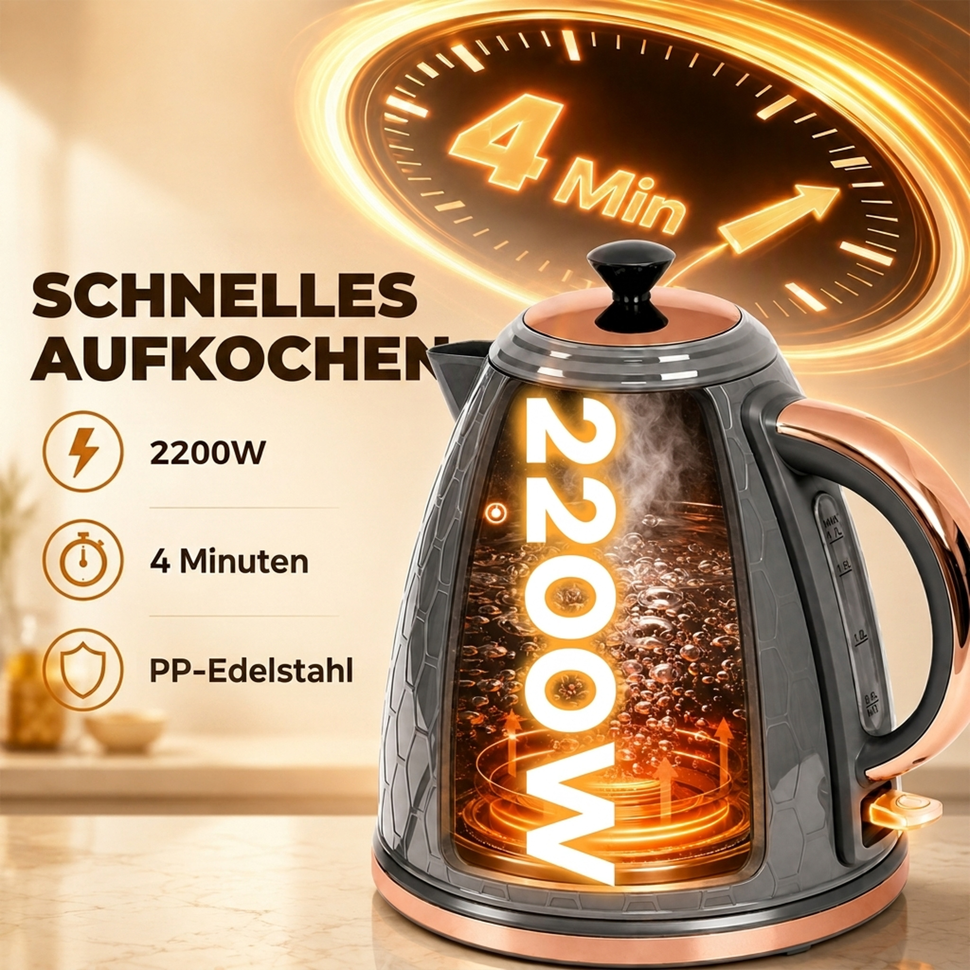 Wasserkocher, 2200W, Sichtfenster, Filter, Schnellkocher, Grau