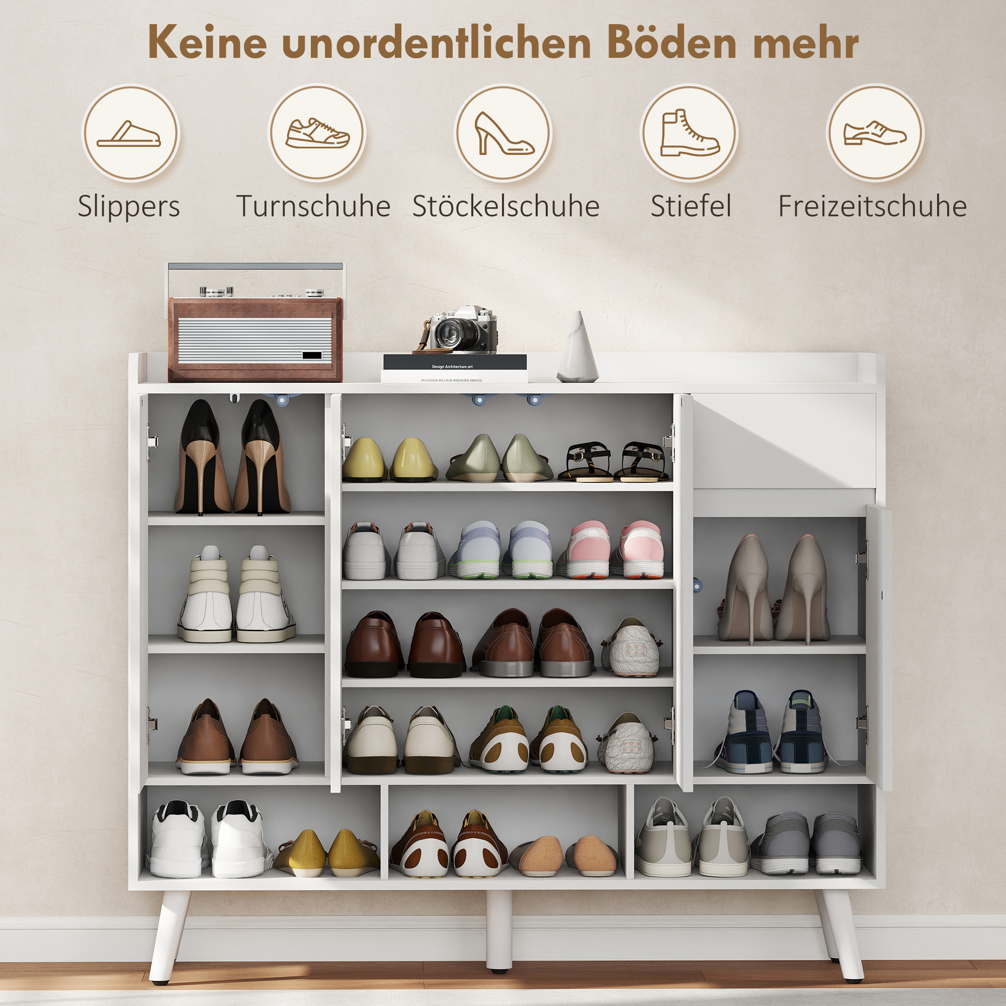 Schuhschrank mit grifflosem Design, 4 Türen, 4 verstellbare Regale, freistehendes Schuhregal mit 5 Holzbeinen, Holz, Weiß