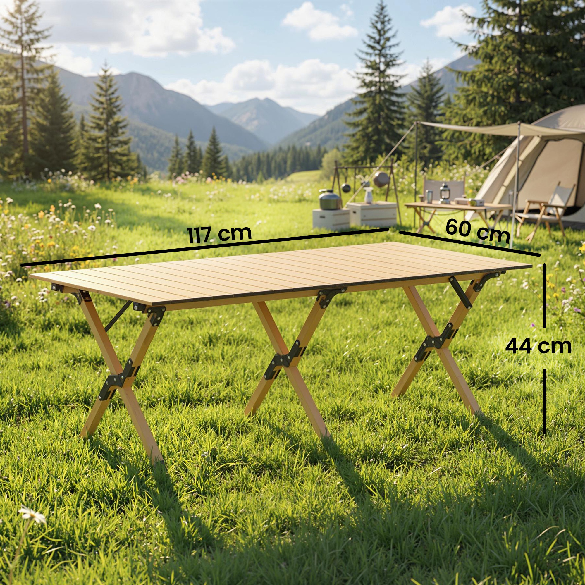 Campingtisch 117 x 60 cm Aluminium Klapptisch mit Aufrollbare Tischplatte Holz-Optik Tragetasche wasserdicht