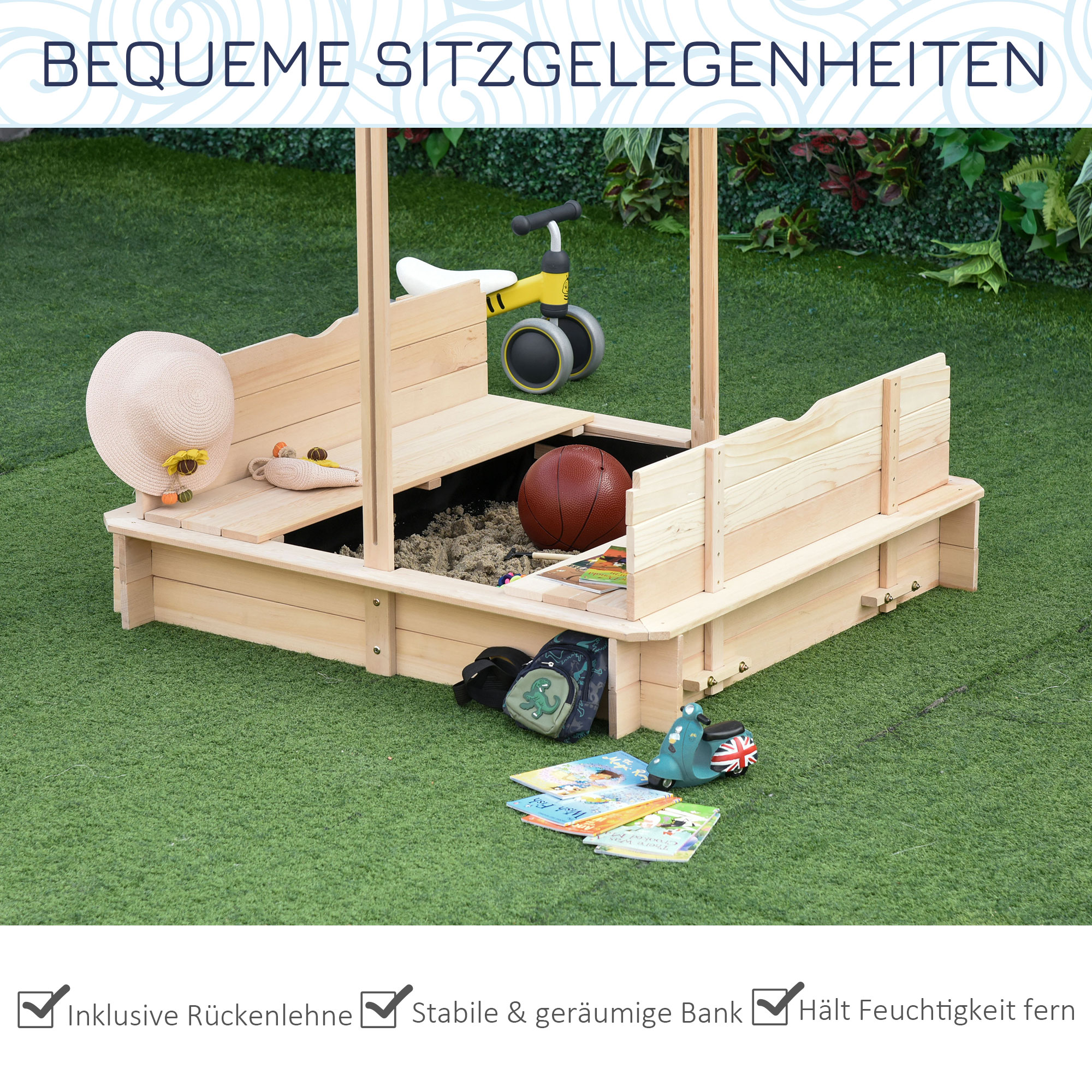 Sandkasten 106x106 cm Kinder Sandbox mit höhenverstellbar Abdeckung, Sandkiste aus Holz mit Sitzbänken Rücklehnen für Outdoor Garten Terrasse Balkon