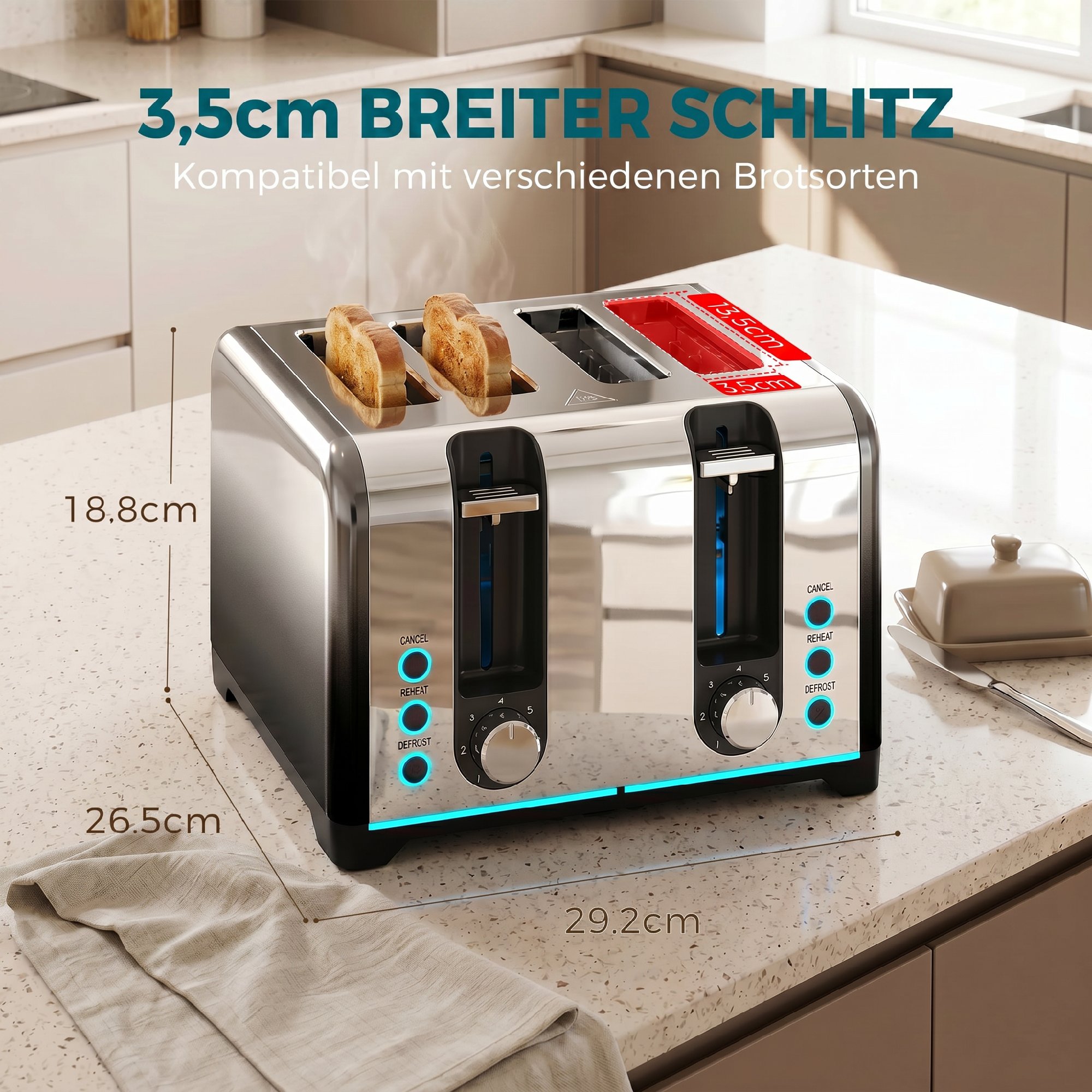 4-Scheiben-Toaster mit 7 Bräunungsstufen, Aufwärm-, Auftau- und Abbruchfunktion