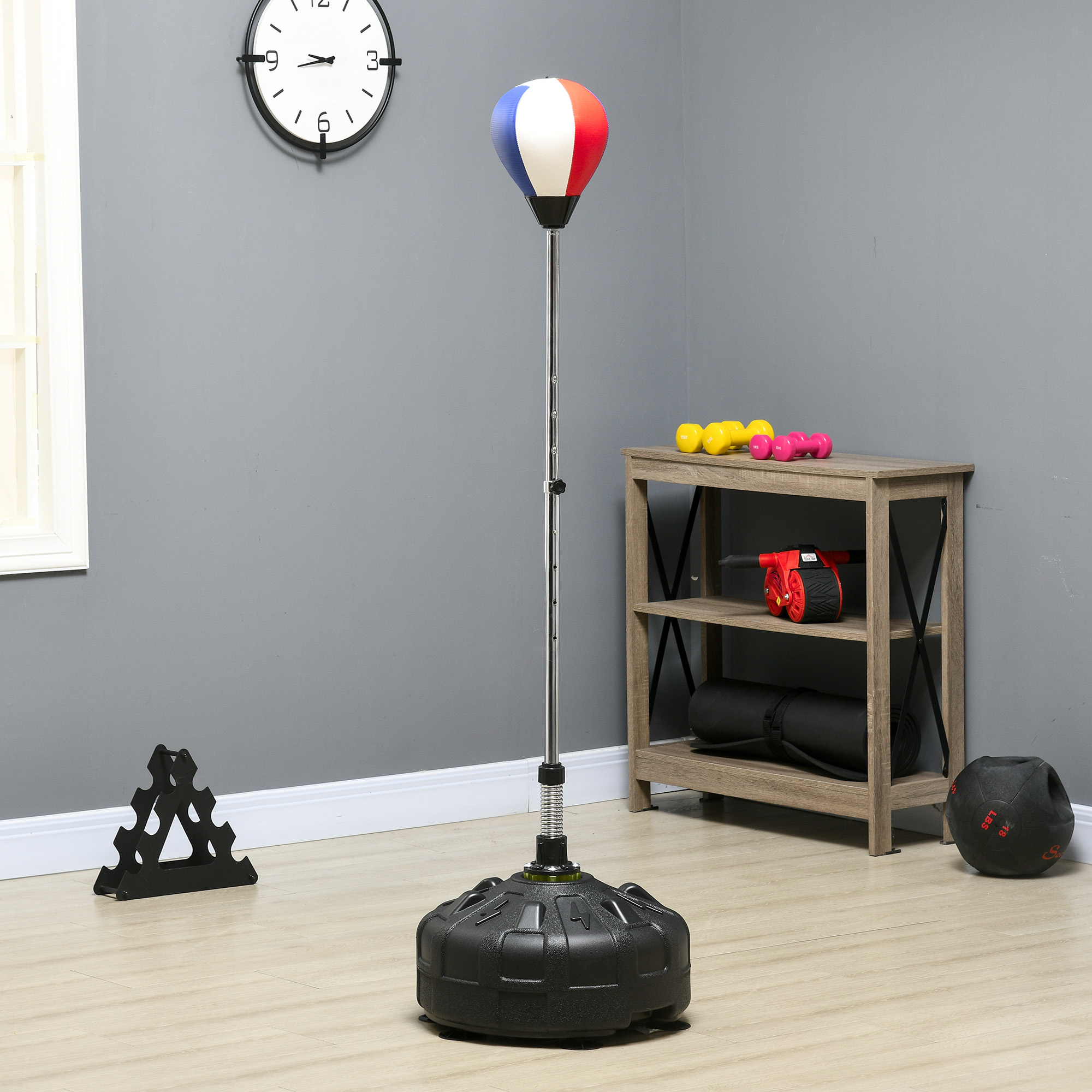 Punchingball, höhenverstellbar 147-165cm, befüllbarer Standfuß, Stahl, Schwarz+Rot+Weiß