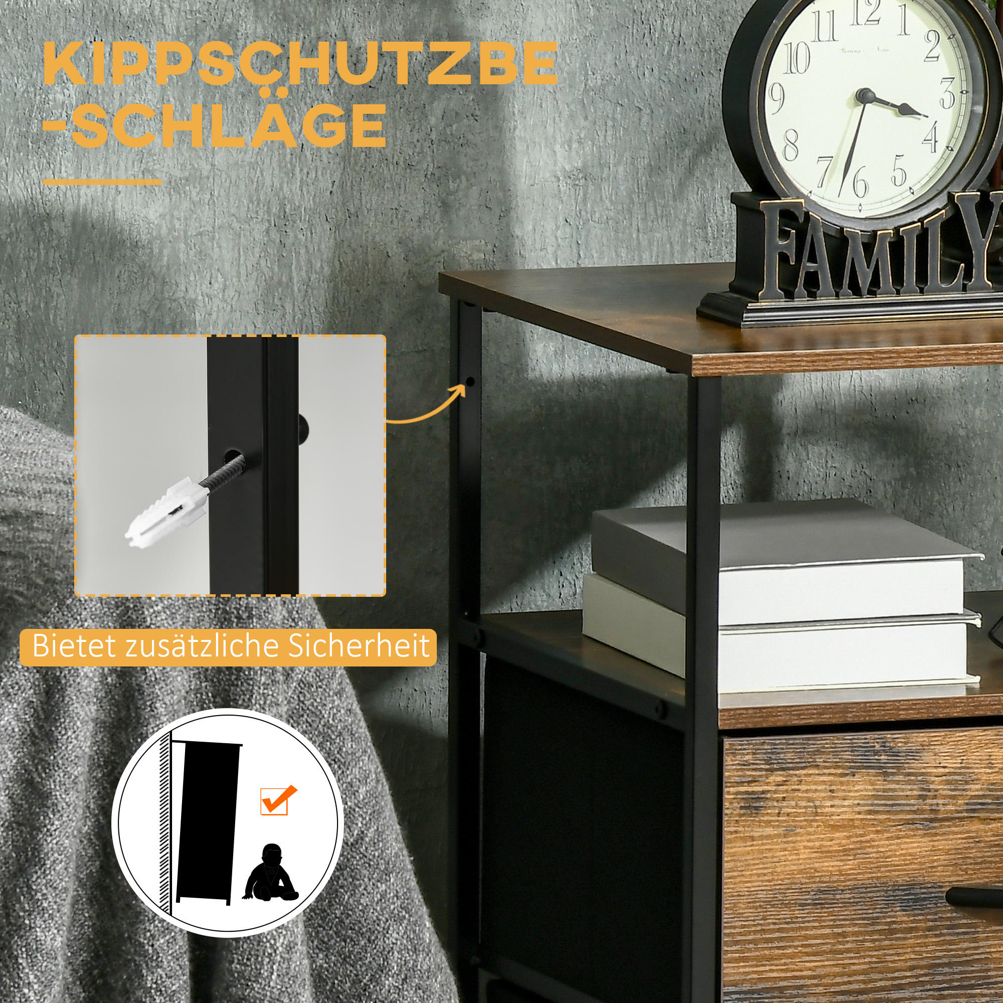 Wohnzimmerschrank, Beistellschrank, Stoffschubladen, MDF, Stahlrahmen, Braun