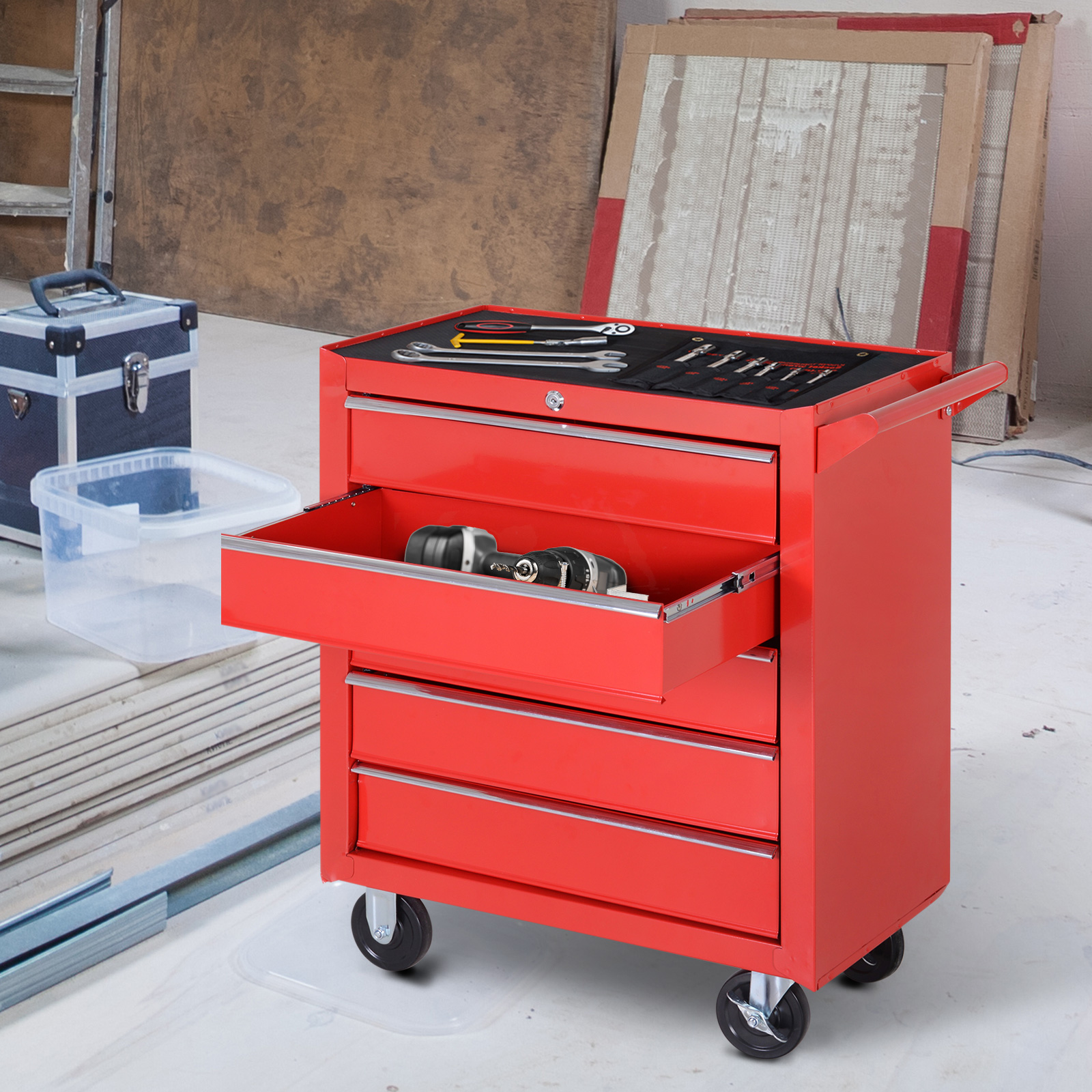 Rollschrank, Werkzeugschrank für Garage, Schuppen, Stahl, 69L x 33B x 75H cm, Rot