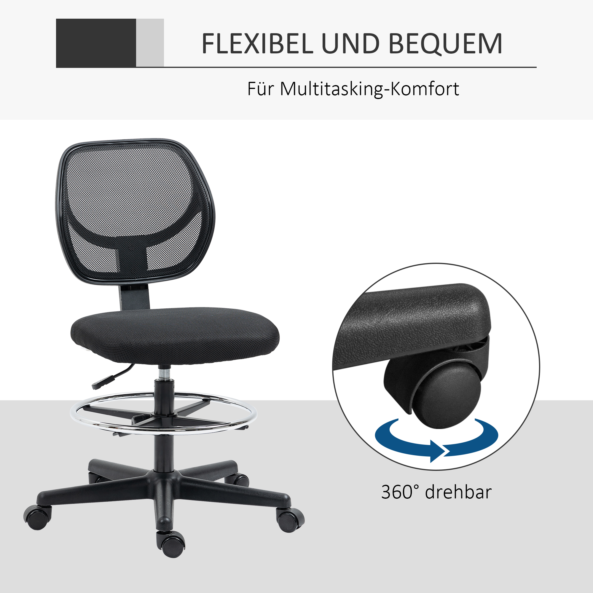 Zeichenstuhl inkl. Fußstütze, höhenverstellbarer Bürostuhl, 59 cm x 61 cm x 113 cm, Schwarz