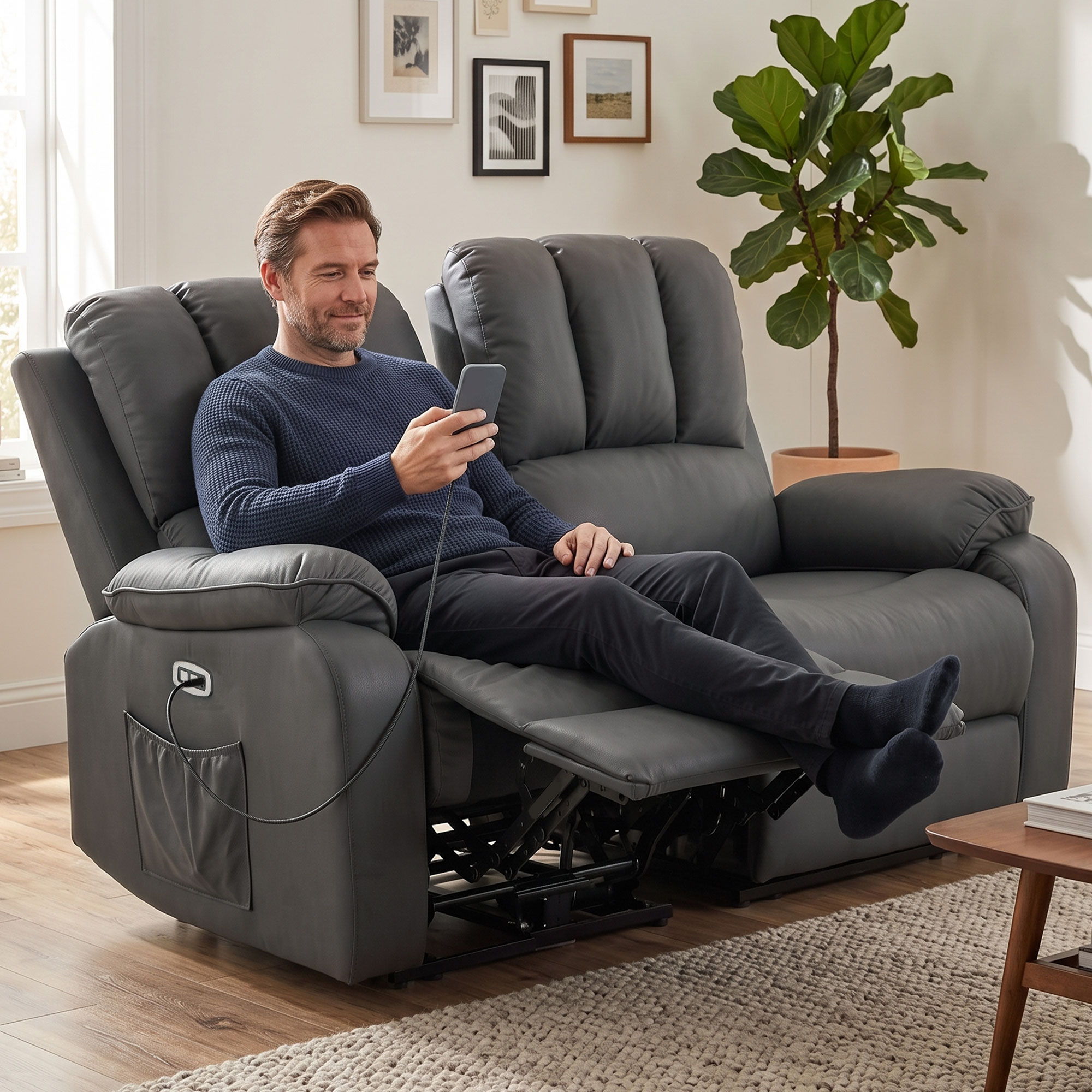 2-Sitzer elektrisches Relaxsofa aus Leathaire mit Massage- und Heizfunktion, 2 Fernbedienungen, USB-/USB-C-Anschlüssen