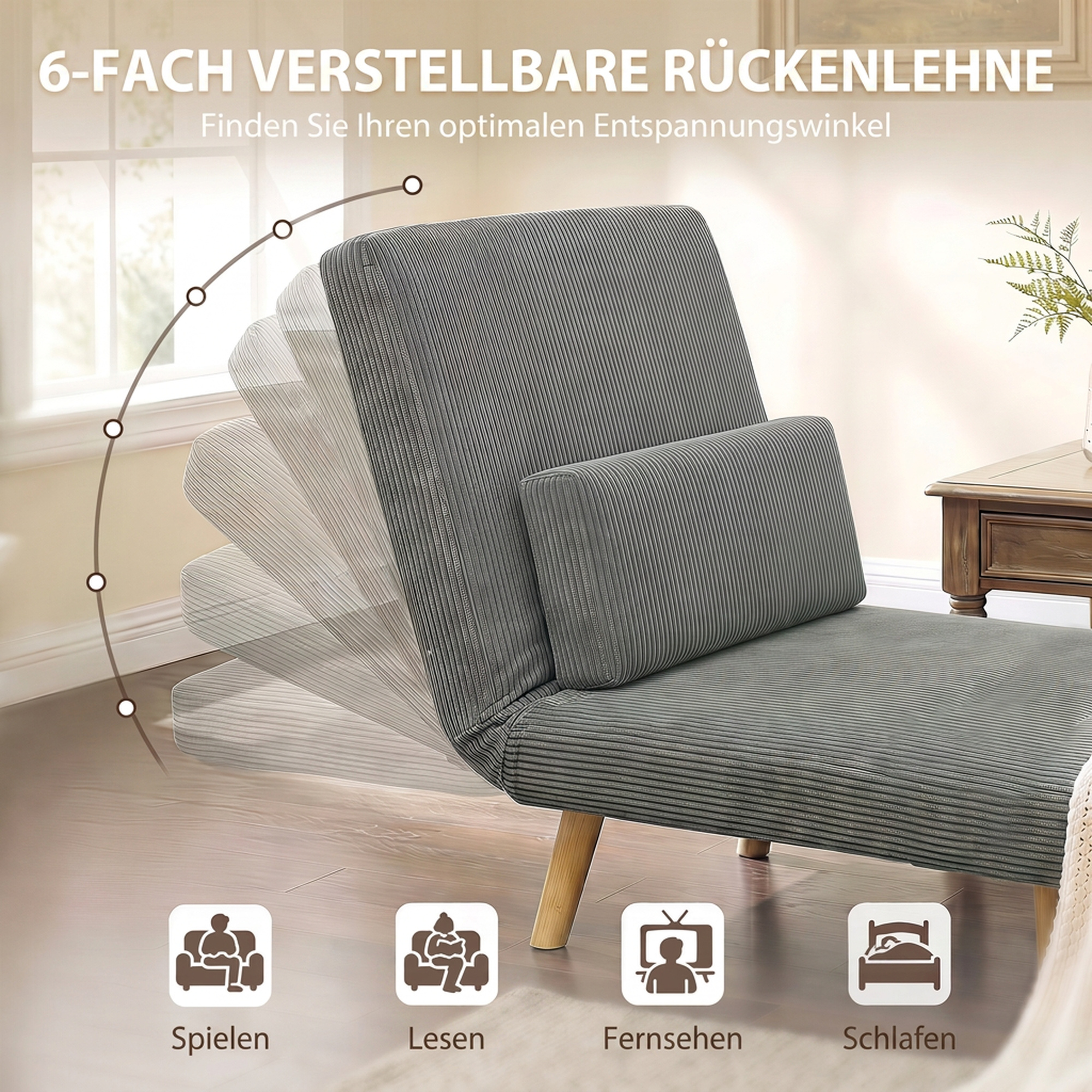 Schlafsessel 3-in-1, ausklappbarer Sessel aus Cord mit Schlaffunktion verstellbare Rückenlehne, Kissen Dunkelgrau