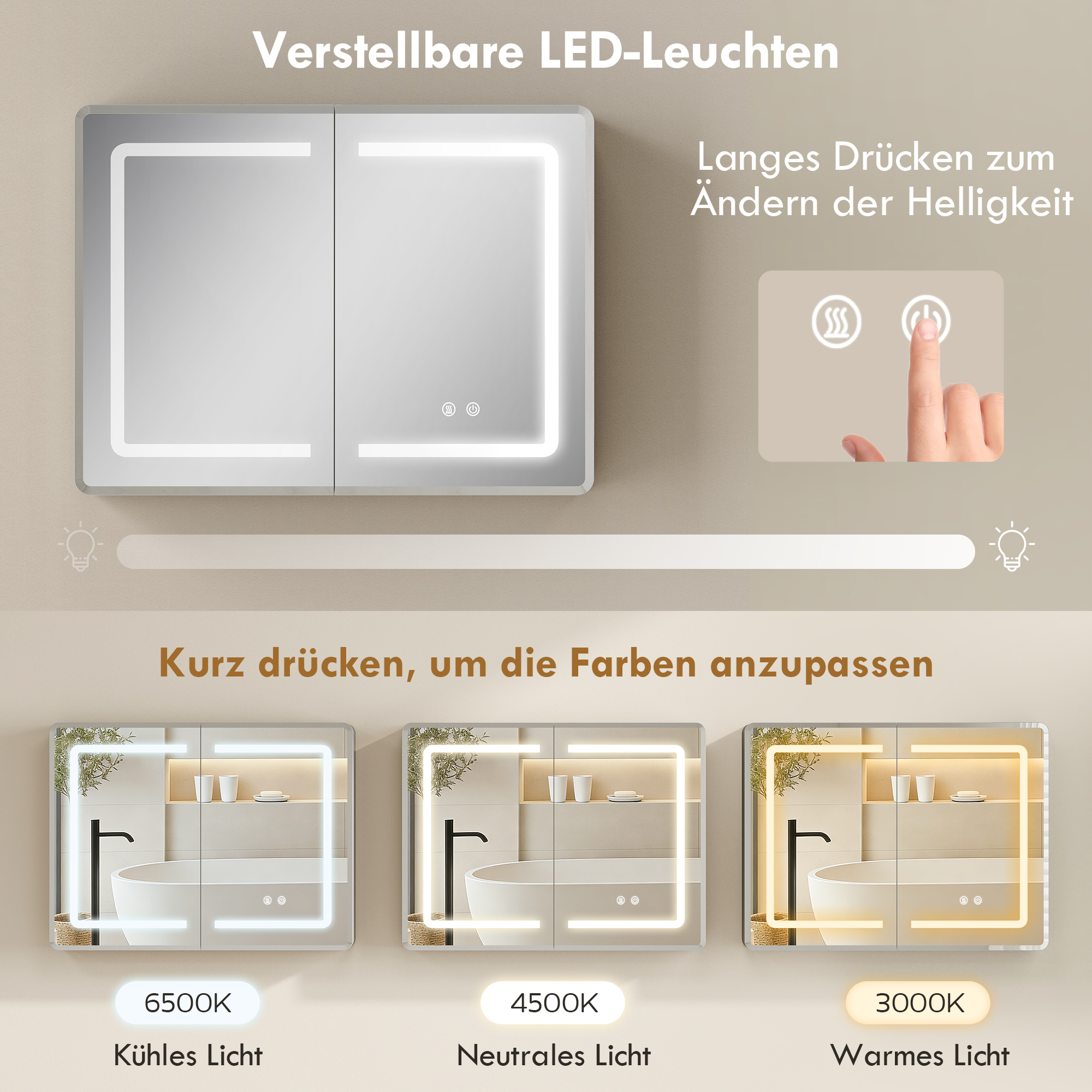Spiegelschrank für das Badezimmer mit LED-Beleuchtung, 60 x 80 cm Badschrank mit Anti-Beschlag, 3-fach dimmbare