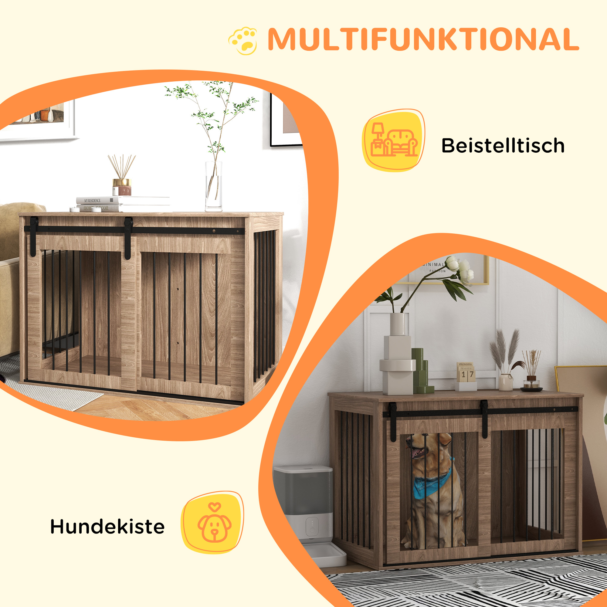 Hundebox Hundekäfig, Verriegelbar, Holzoptik, rustikales Design, 98 cm x 58 cm x 61 cm, Walnuss + Schwarz