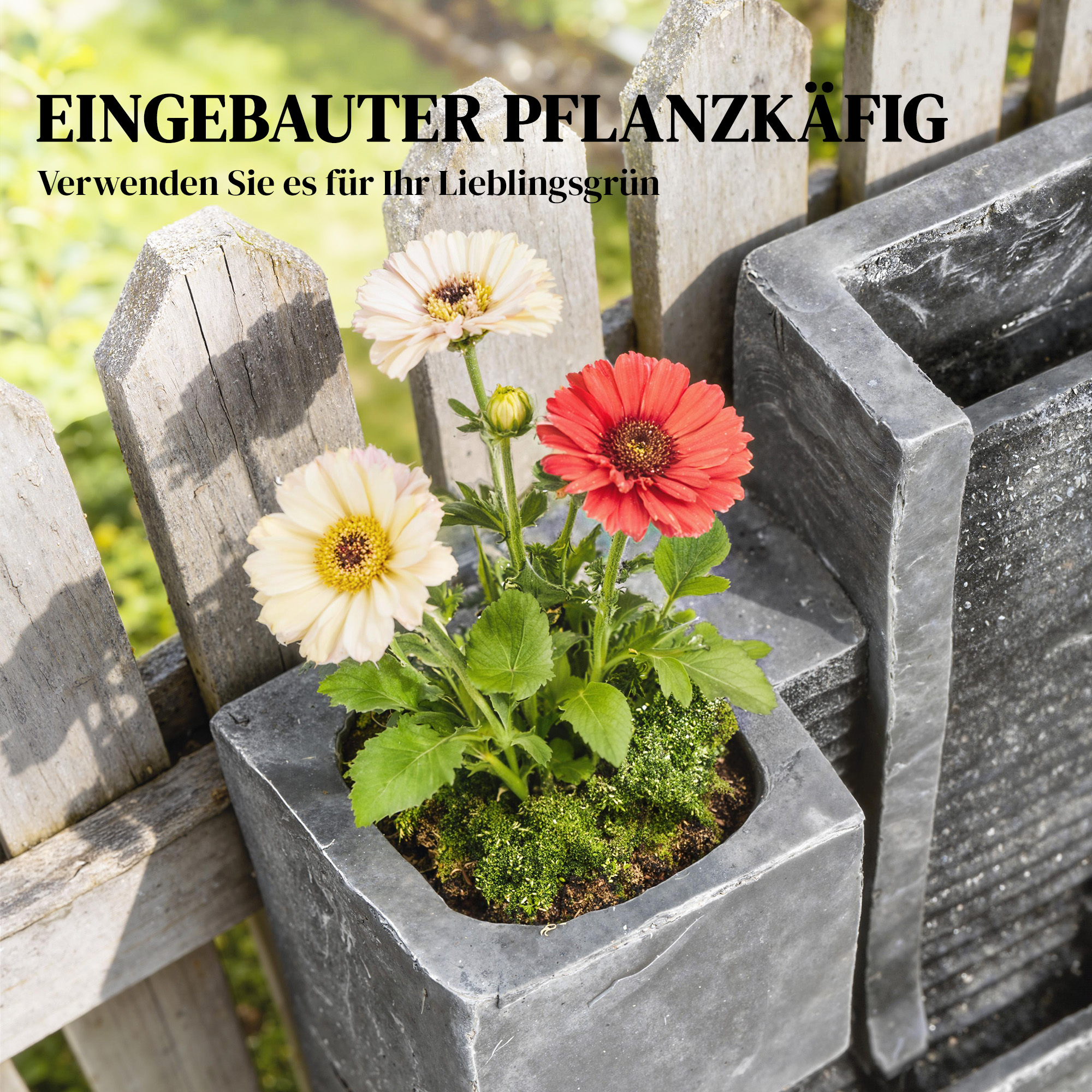 Springbrunnen 3-stufig Gartenbrunnen mit LED Beleuchtung Pflanzkübel Pumpe Steinoptik, Verstellbar 38 x 19 x 101 cm