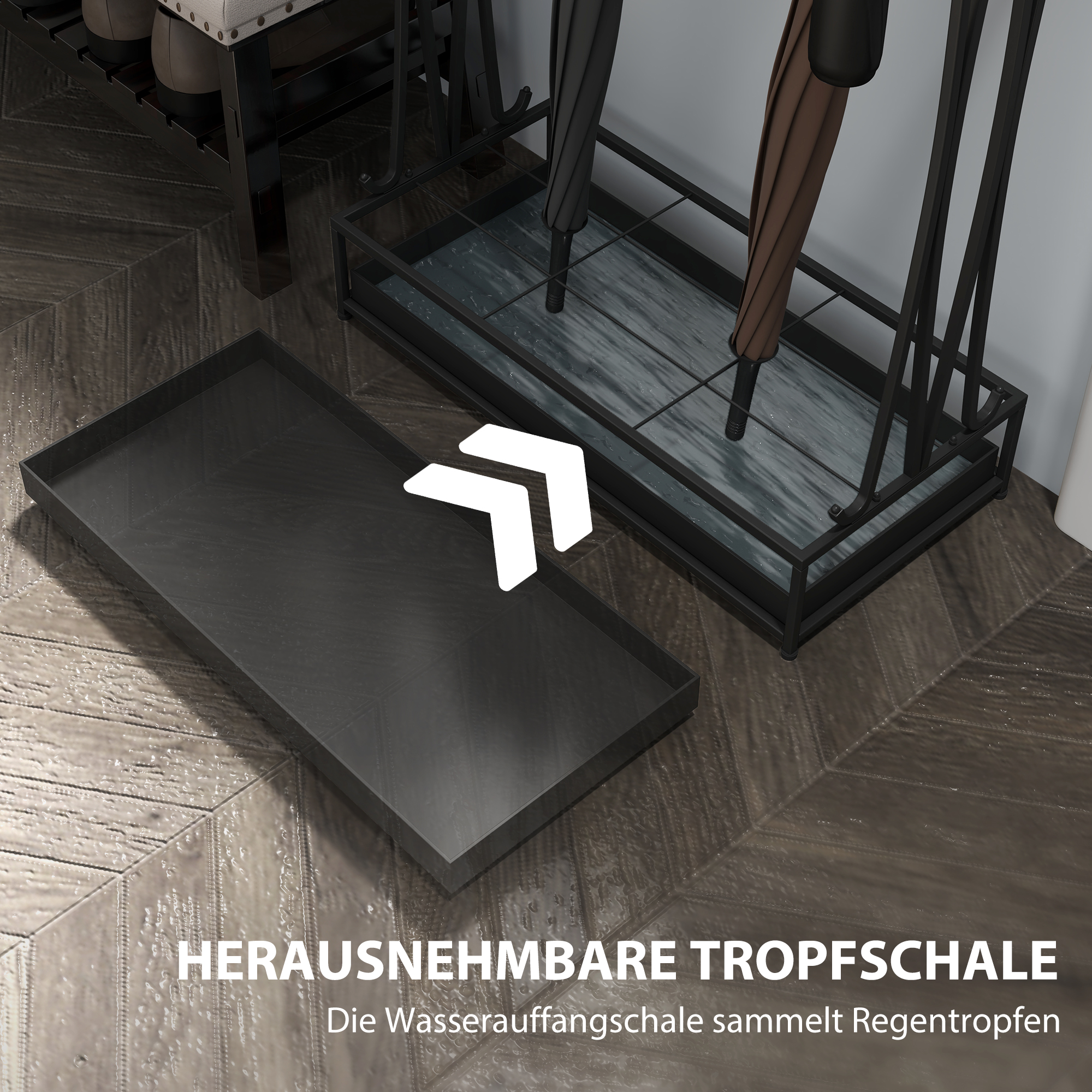 Schirmständer mit herausnehmbarer Tropfwasserschale, Regenschirmständer mit 21 Öffnungen und 24 Haken, Stahl, Schwarz