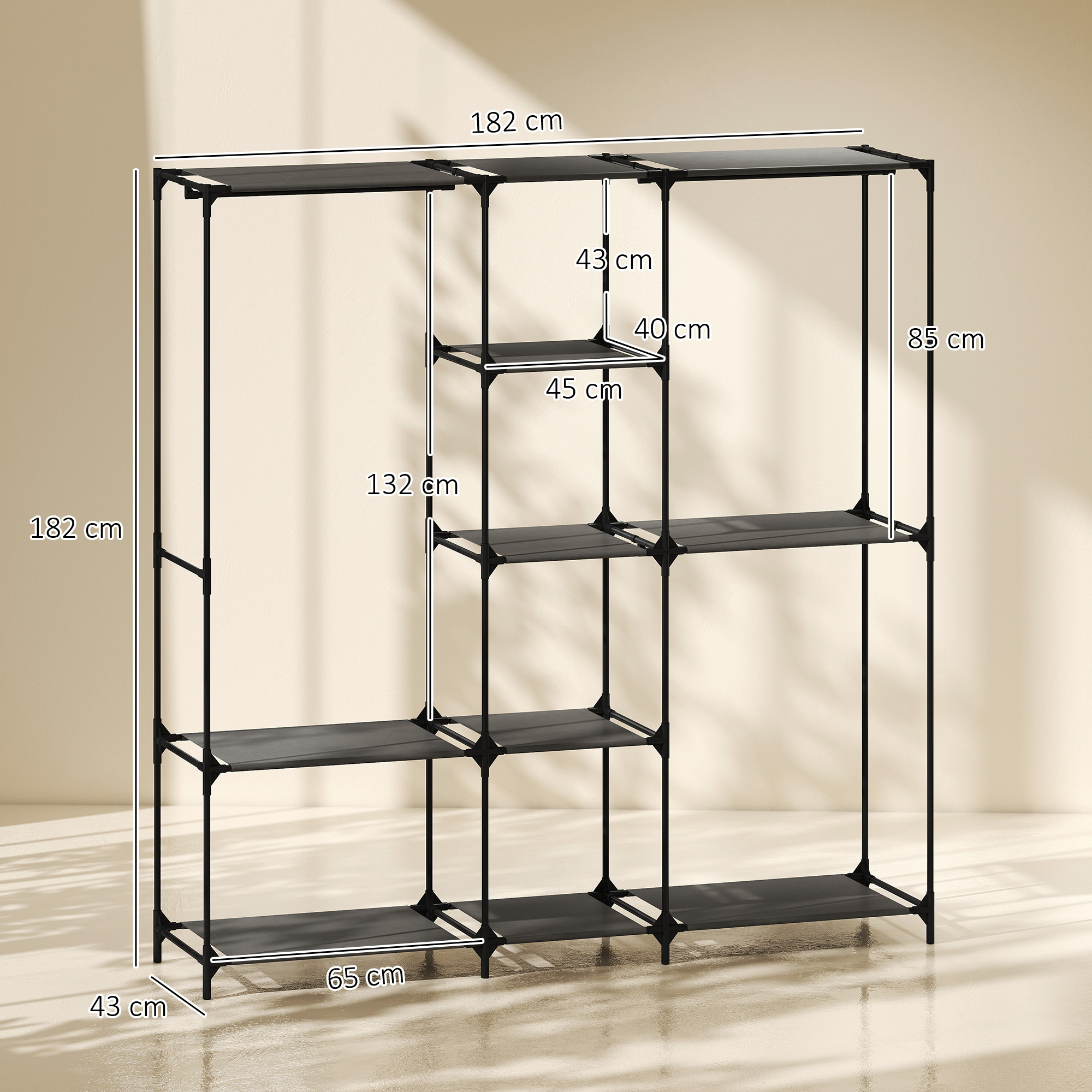 Textil-Kleiderschrank, tragbar, werkzeuglos, mit 3 Kleiderstangen und 5 Ablagen, 182 x 43 x 182 cm, Schwarz
