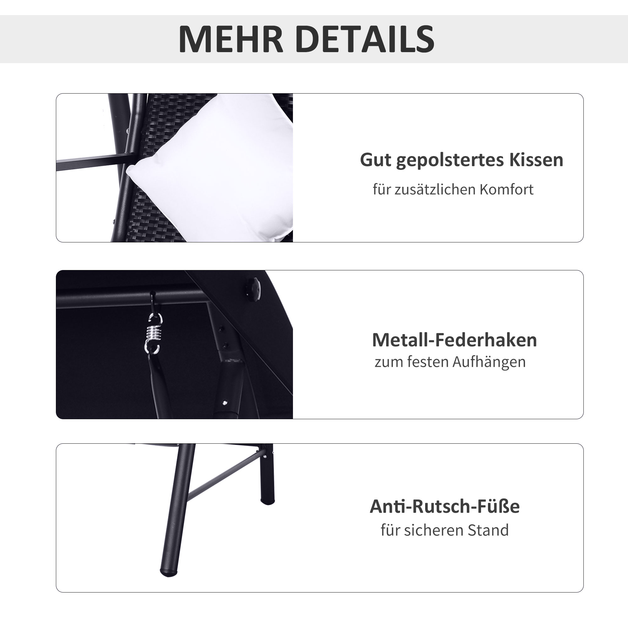 3-Sitzer Hollywoodschaukel Schaukel Polyrattan Metall mit Kissen belastbar bis 360kg Neu (Schwarz)