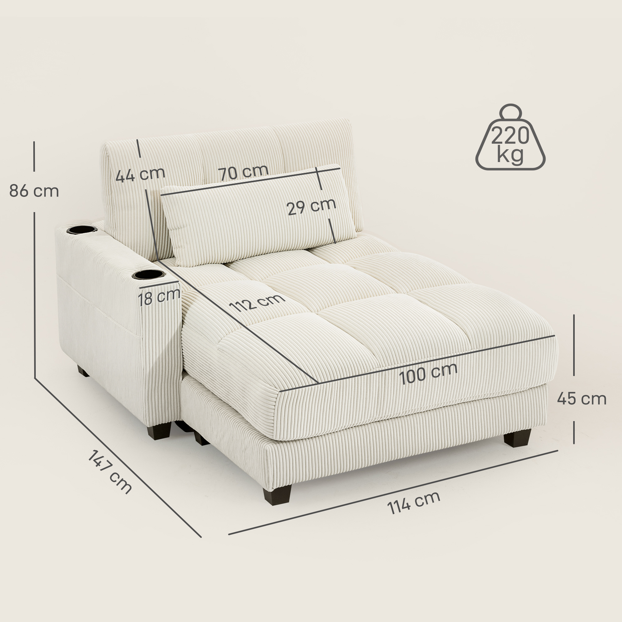 Sofa-Bett mit Kissen, Schaumstoff, zum Bett umwandelbar, Becherhalter,  Cremeweiß