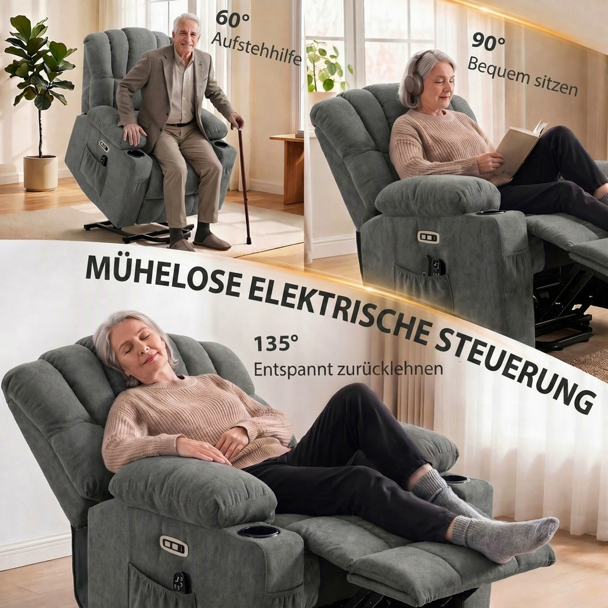 elektrischer Aufstehsessel mit Massage & Wärme, Relaxsessel für Senioren, Taschenfederkern, Grau