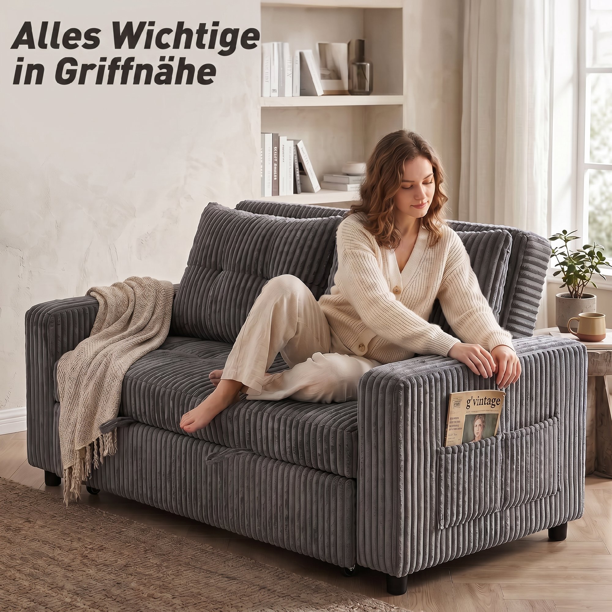 2-Sitzer Sofabett, Cordbezug, zum Schlafsofa umwandelbar, 2 Kissen, Seitentaschen, 157 x 190 cm, Dunkelgrau
