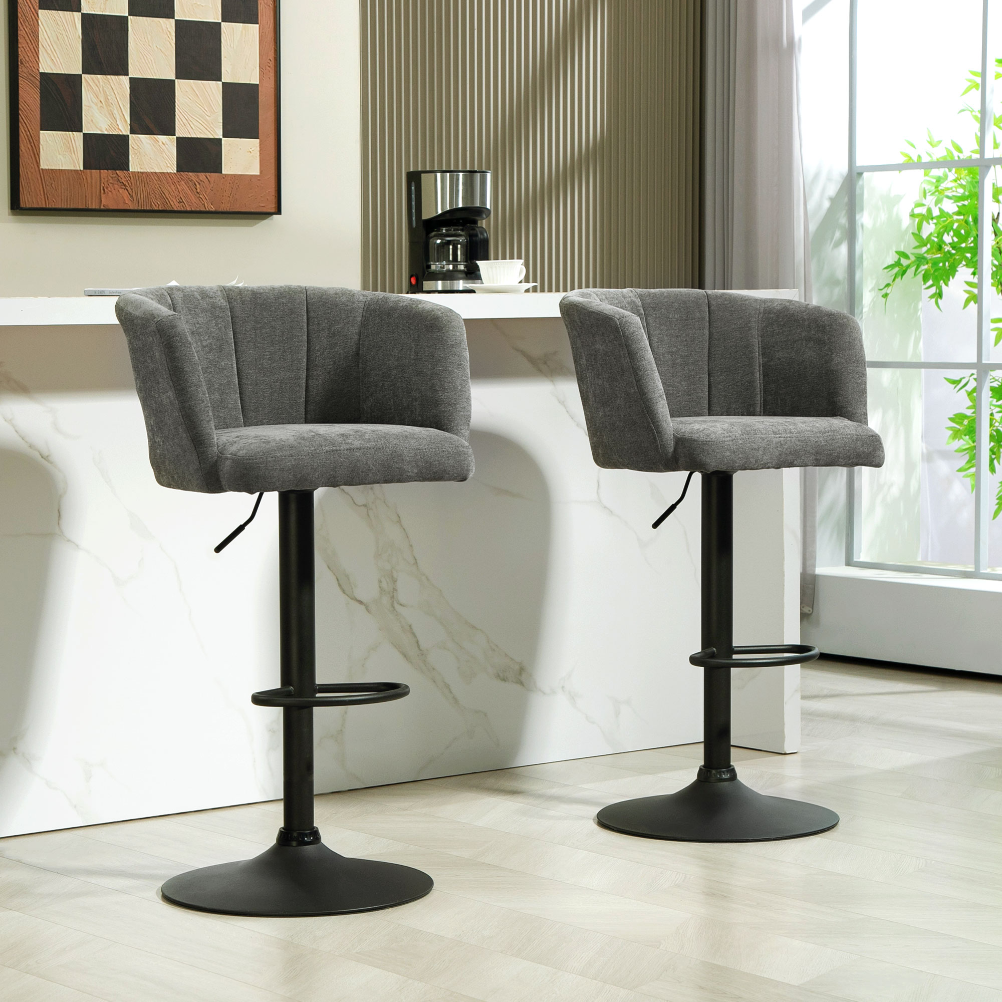 Barhocker 2er-Set, Schalenrücken, höhenverstellbar, Fußstütze, für Küche oder Esszimmer, Metallbasis, Dunkelgrau