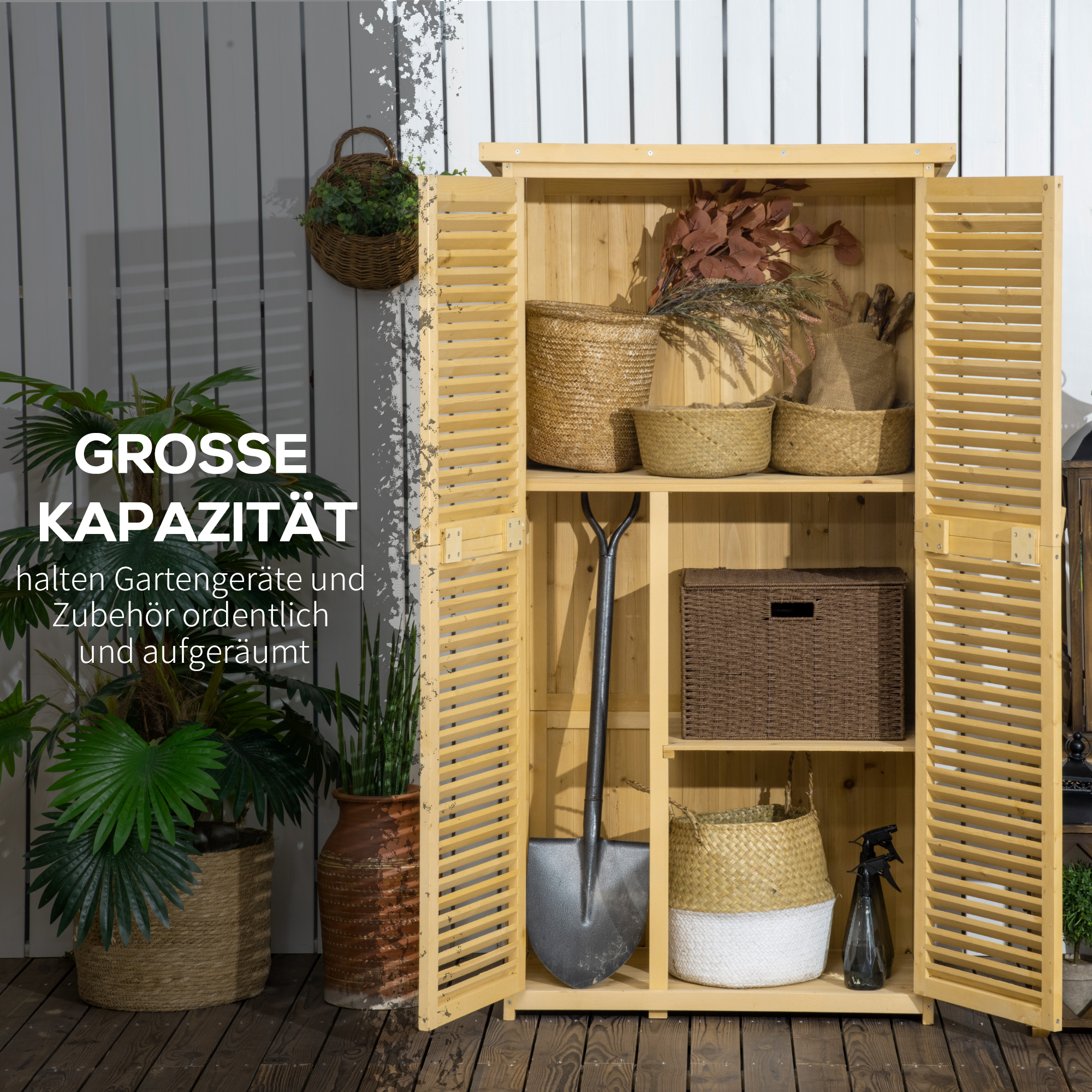 Gartenschrank Holz Geräteschuppen Gerätehaus mit Asphaltdach Lamellentür Geräteschrank Schuppen Garten 4 Fächer Naturholz 87 x 46,5 x 160 cm