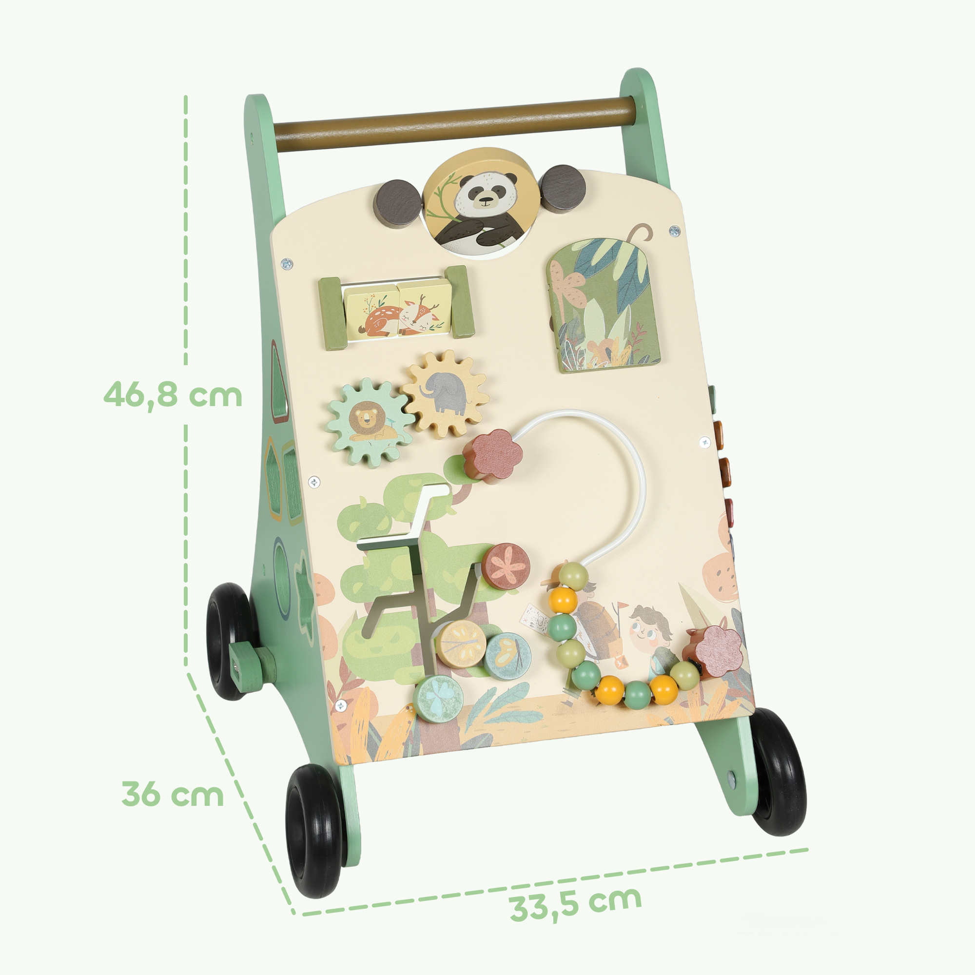 Lauflernwagen Holz Montessori Lauflernhilfe mit Geschwindigkeitskontrolle, Xylophon, Zahnrädern und Perlenlabyrinth Grün