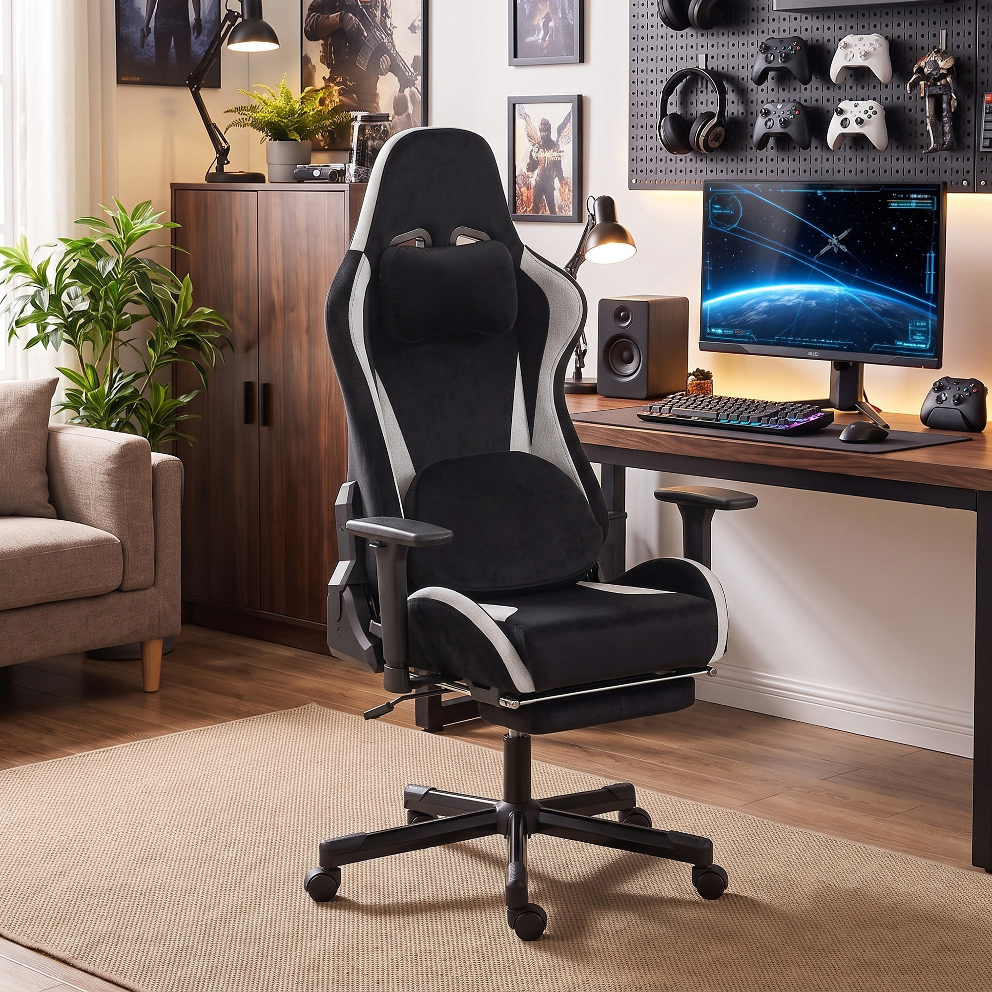 Gaming-Stuhl mit Massage- und beheiztem Lendenkissen, ergonomisch, Leinenoptik, 3D-Armlehnen, Kopfstütze, Schwarz