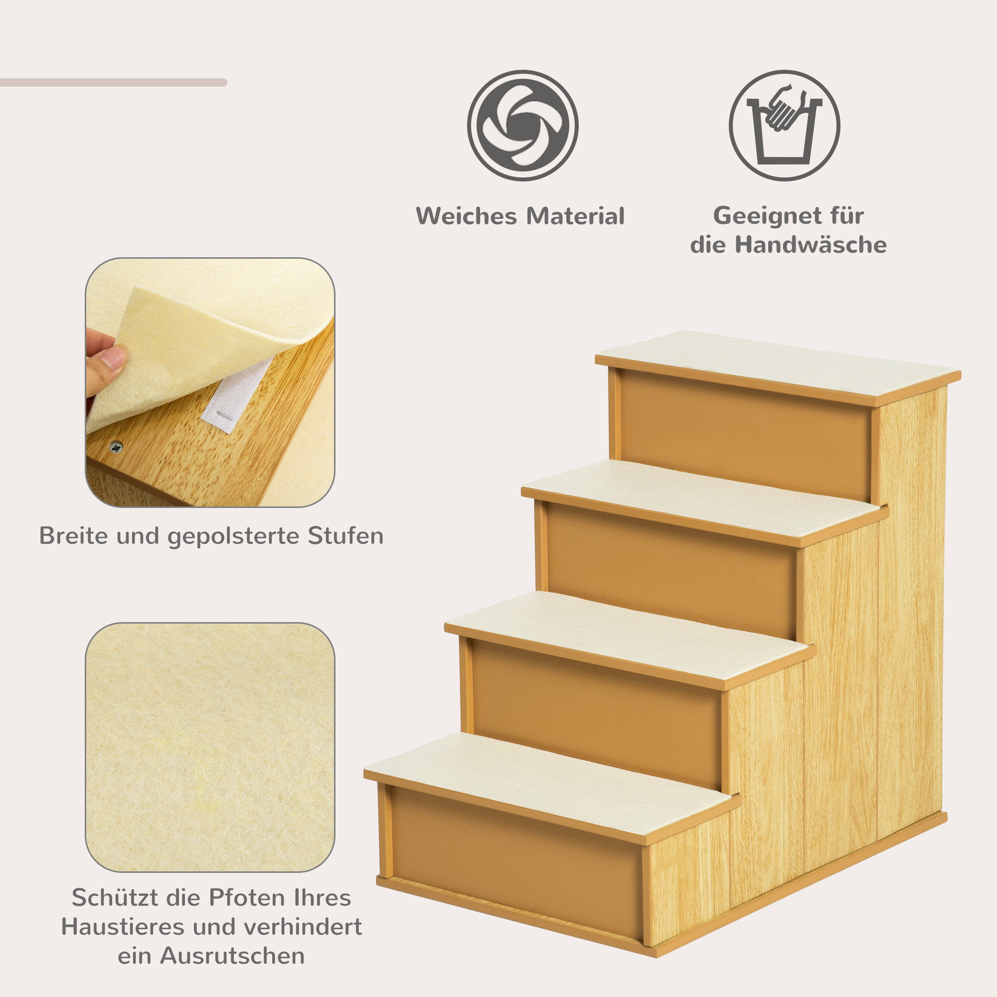 Haustiertreppe, für Hunde/Katzen, 4-stufig, Kurzplüsch, bis 30 kg, 40 x 59 x 54,2 cm, Natur