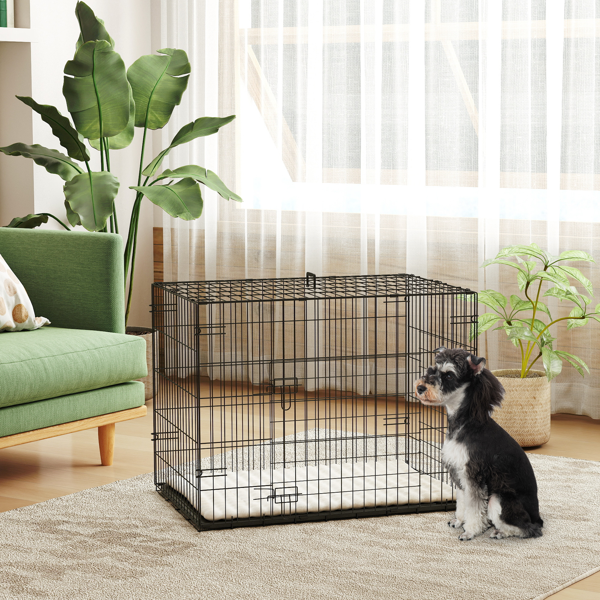 Hundekäfig klappbar Hundebox mit 2 Türen, Transportkäfig mit ausziehbare Bodenschale Kissen 75 x 48,5 x 53 cm Schwarz